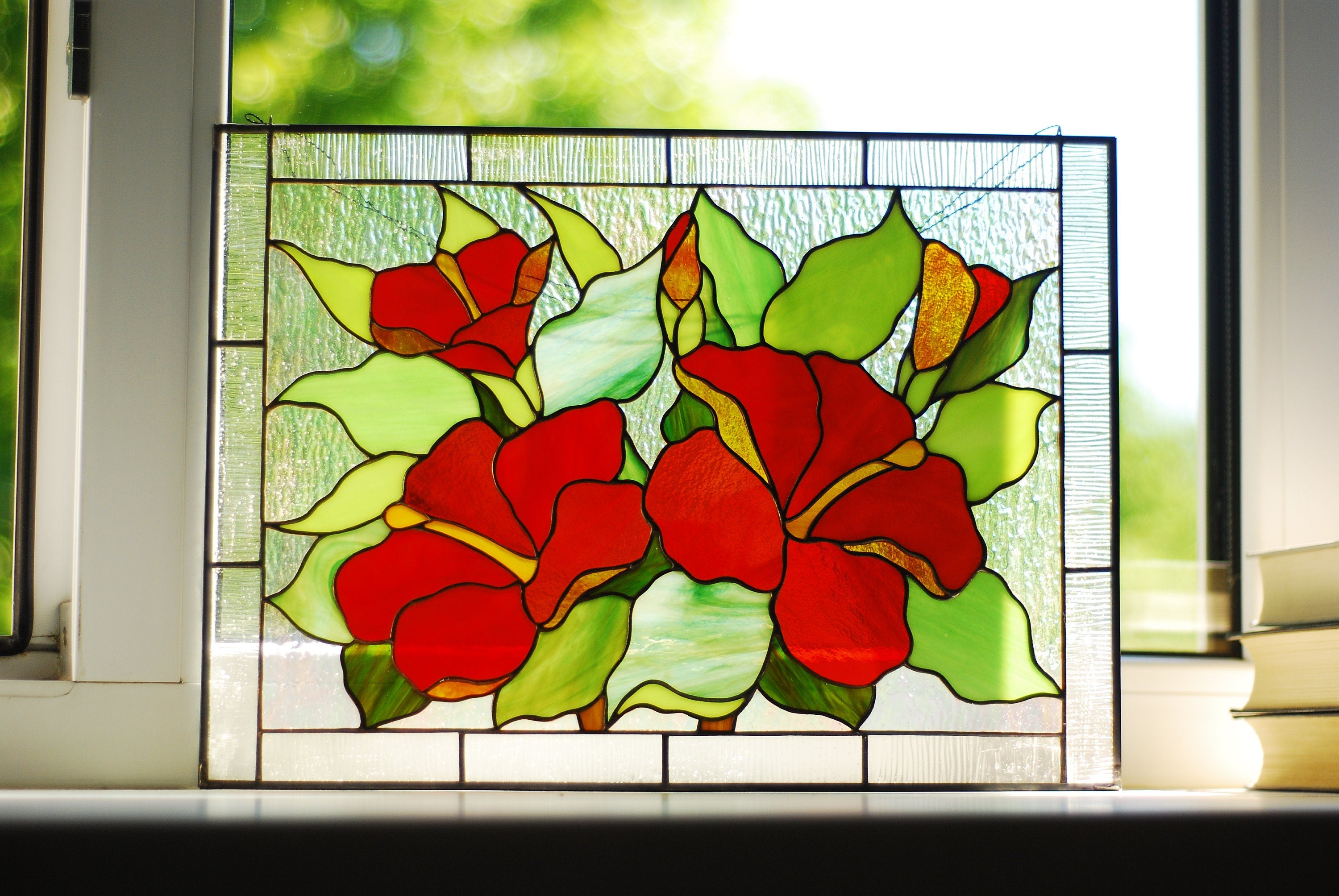 Red Hibiscus Stained Glass Panel - Floral Window Hangings, Custom Suncatcher Handmade Easter decor Tiffany glass art
