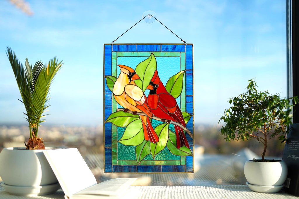 Cardinal stained glass window panel, Couple of Bird stained glass window hangings Cardinal memorial suncatcher Tiffany Glass art