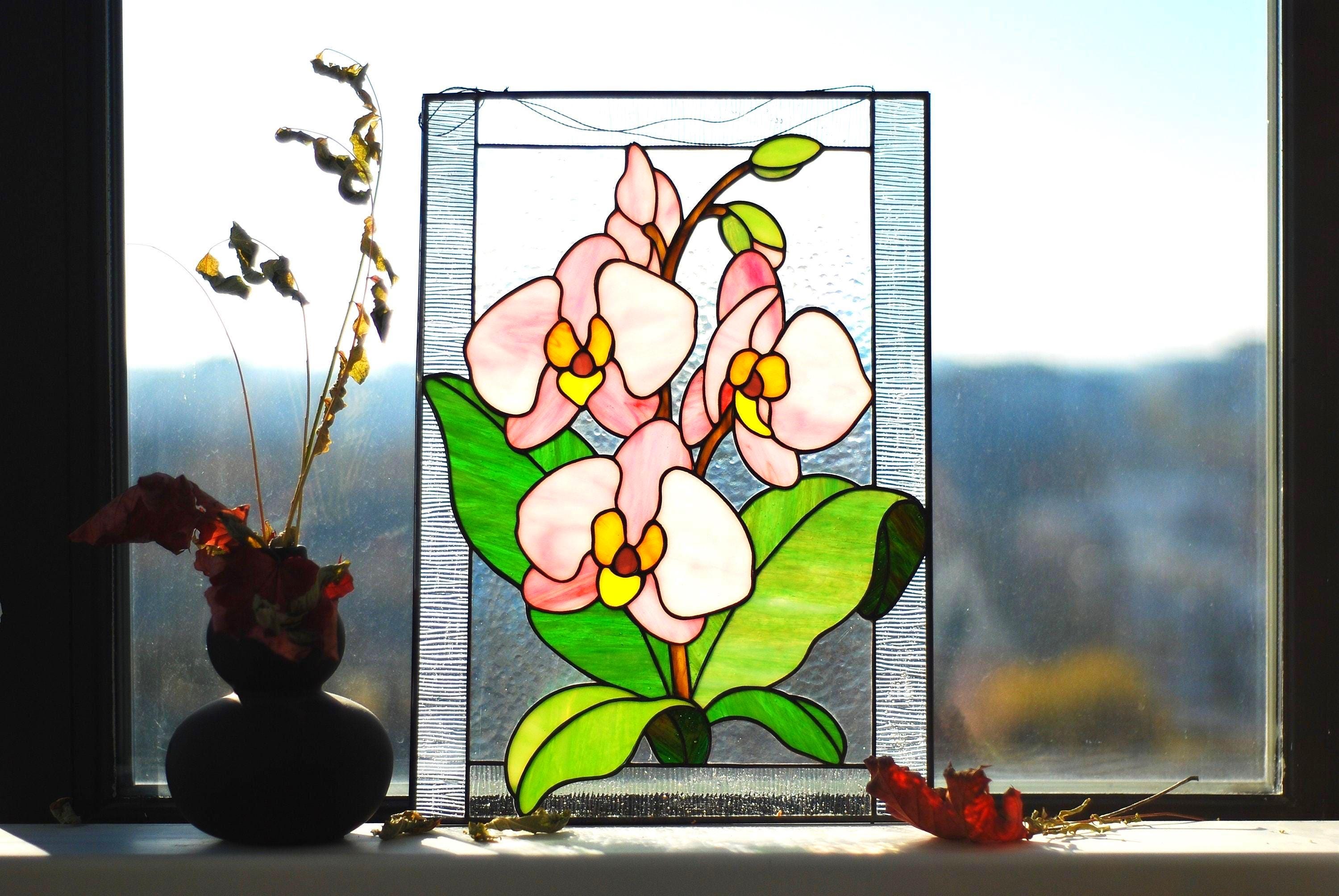 Orchid Stained glass panel stained glass window hangings Handmade Custom stained glass flower decor, Personalized gift