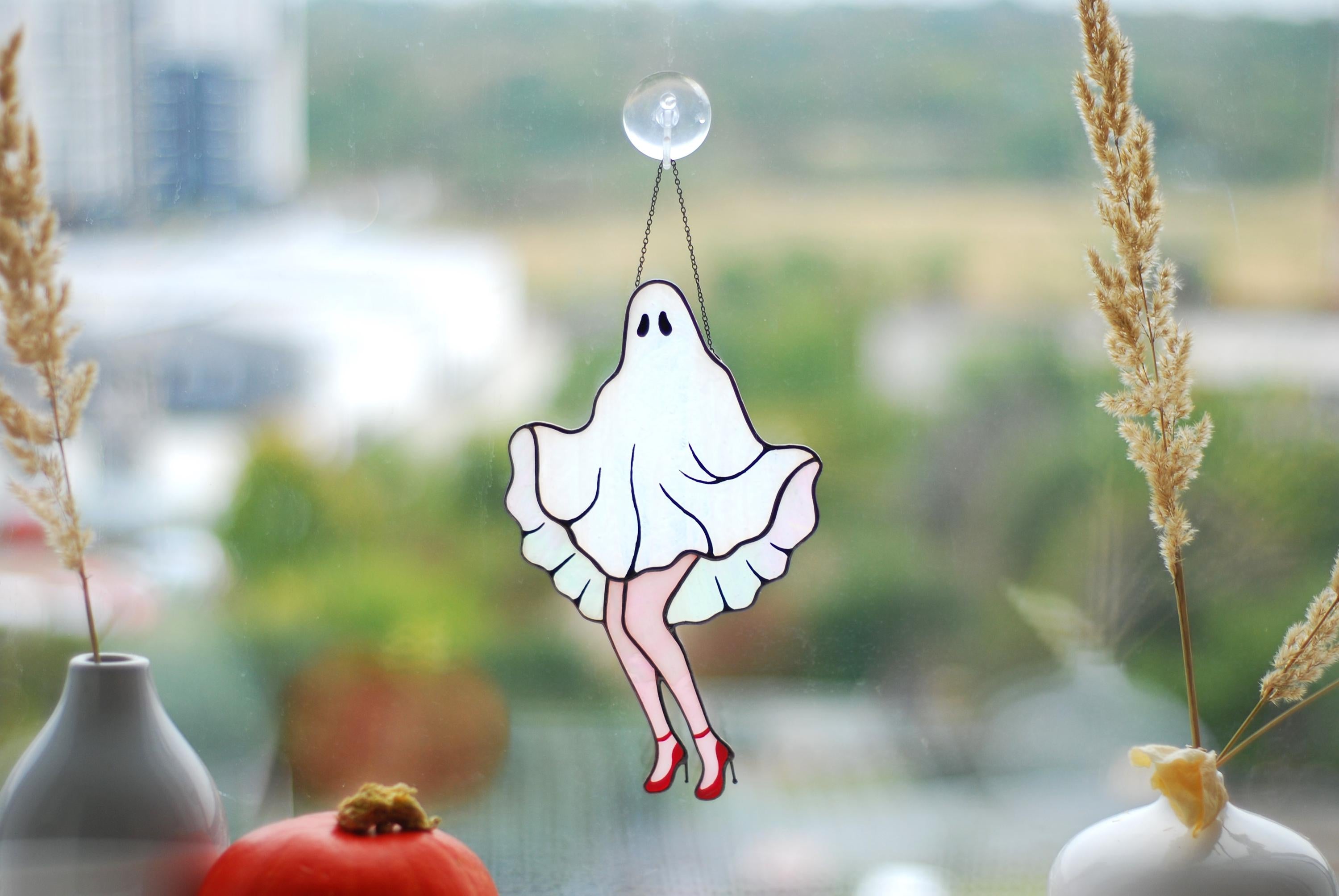 Ghost Stained Glass Suncatcher – Funny Halloween Window Decor Inspired by Marilyn Monroe Window Hangings