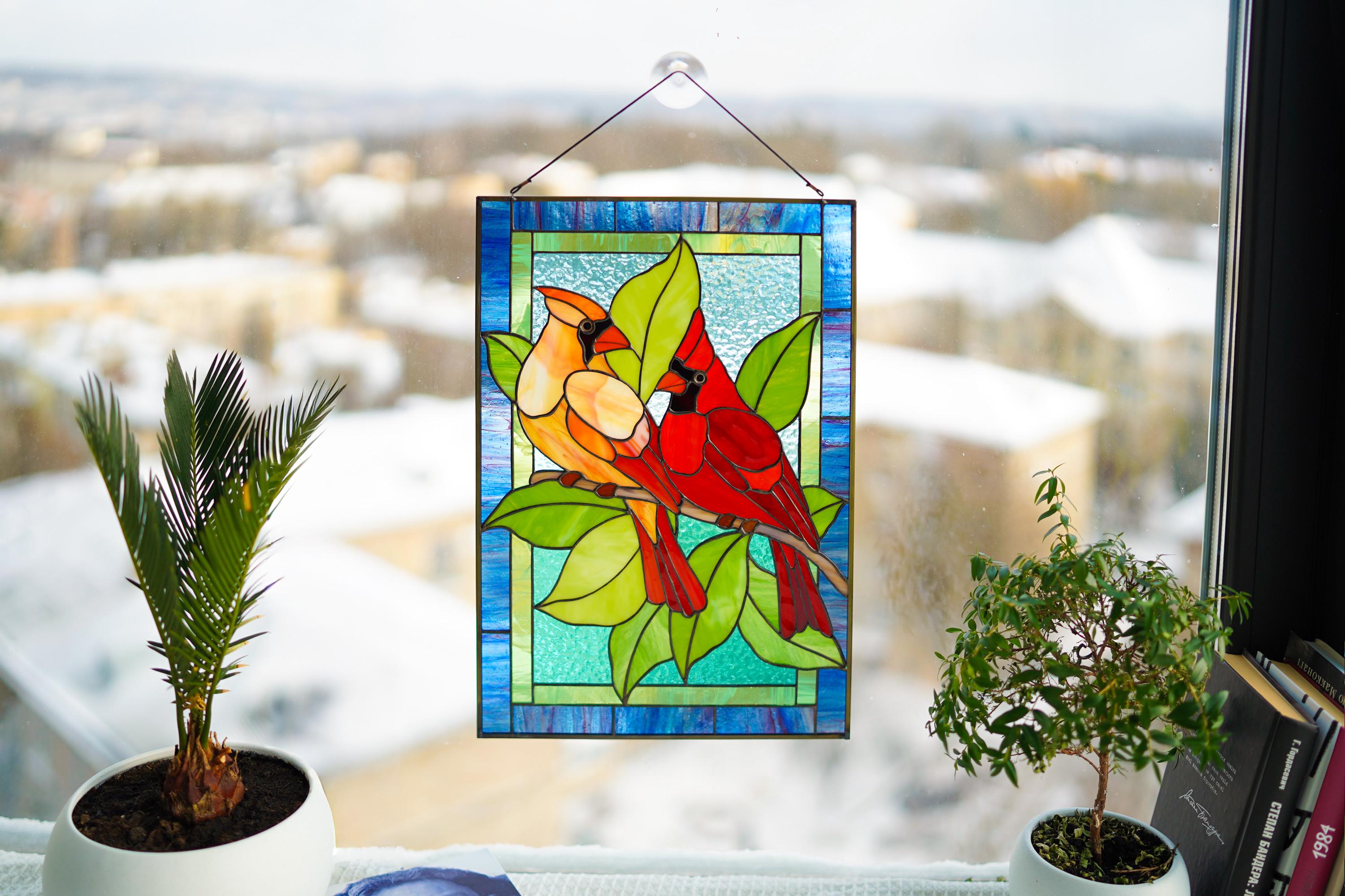 Cardinal stained glass window panel, Couple of Bird stained glass window hangings Cardinal memorial suncatcher Tiffany Glass art