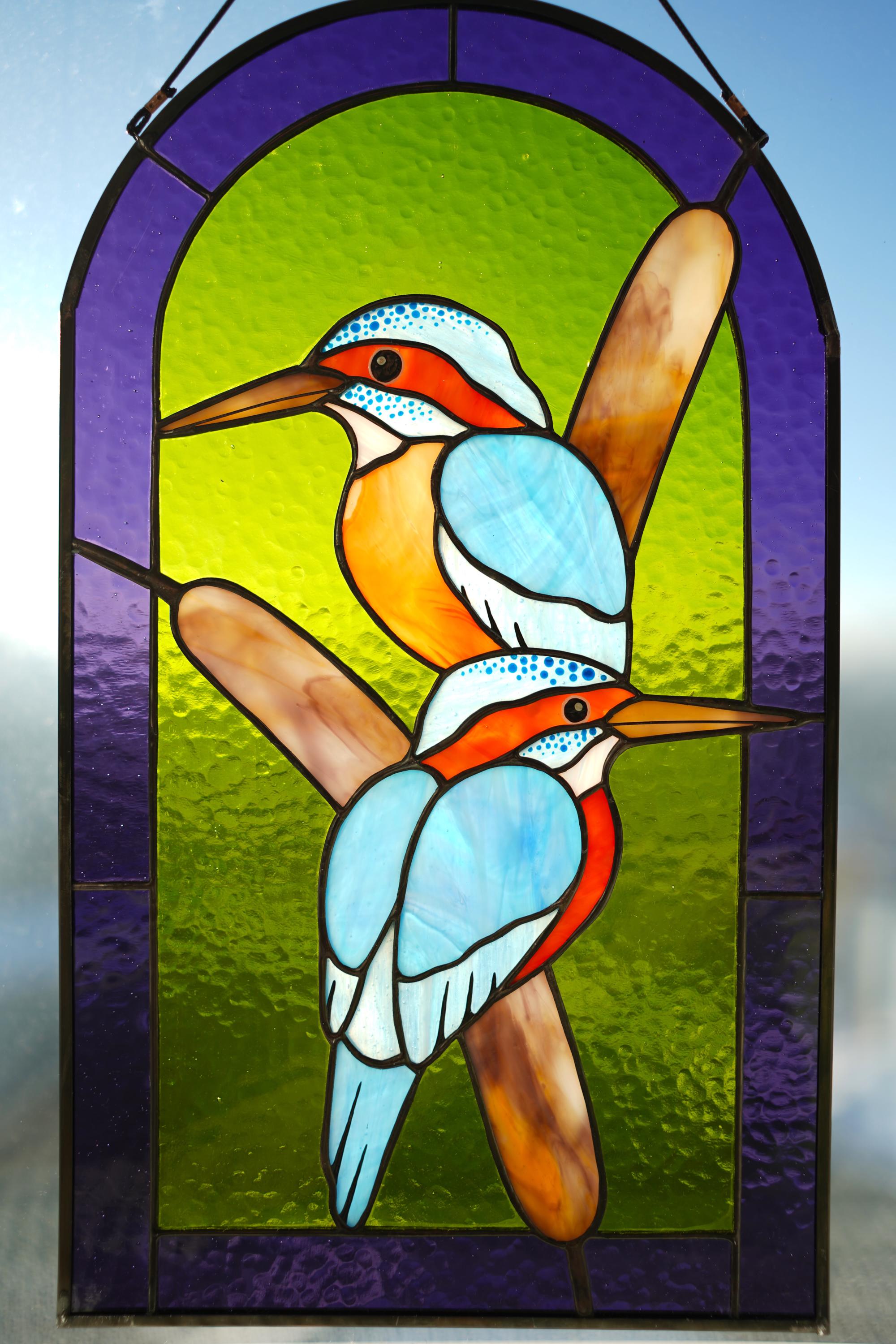 Stained Glass Kingfisher Panel, Bird Couple Window Hanging, Lakeside Cottage Decor, Anniversary Gift 14.5x8.5"