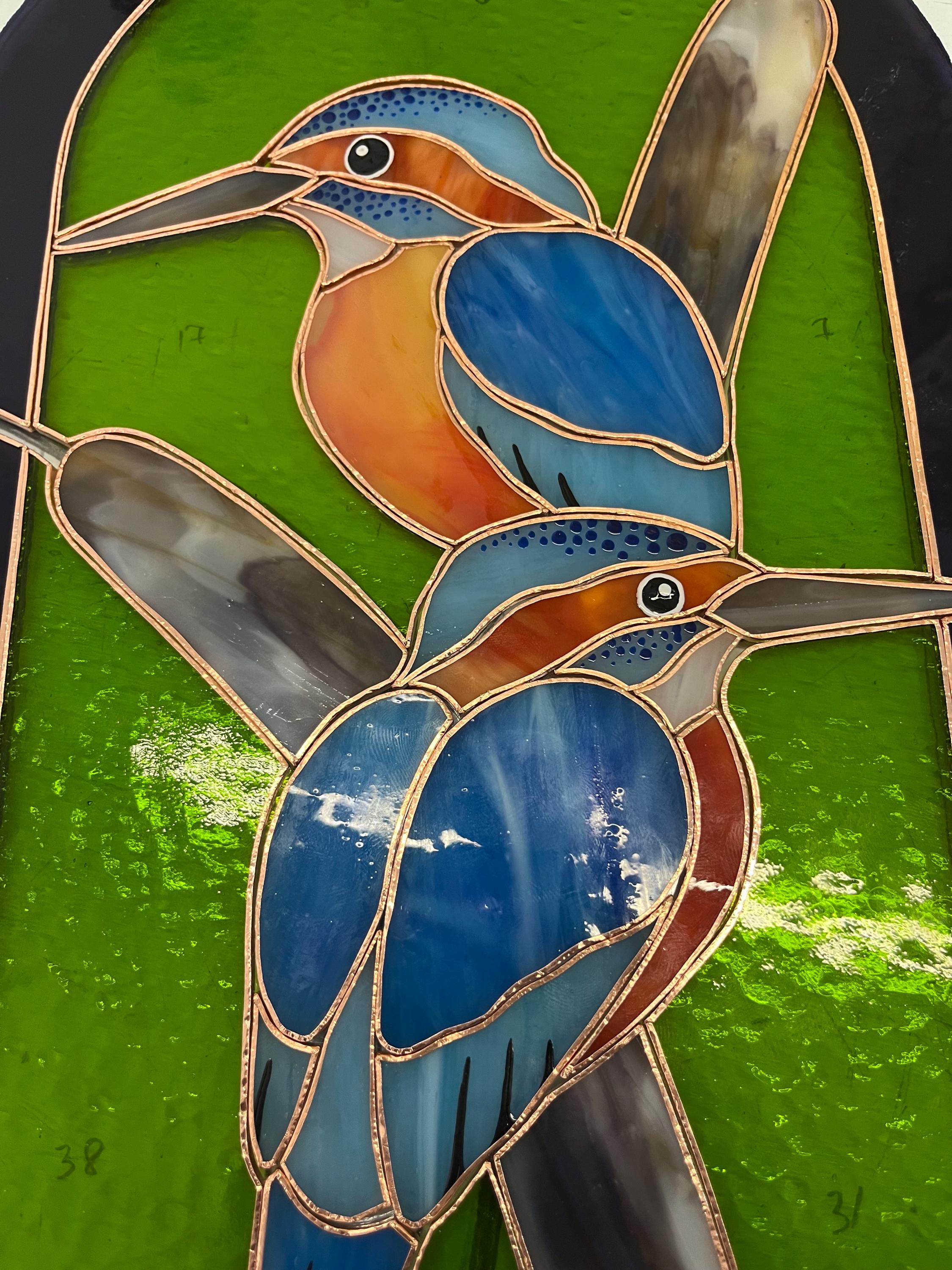 Stained Glass Kingfisher Panel, Bird Couple Window Hanging, Lakeside Cottage Decor, Anniversary Gift 14.5x8.5"