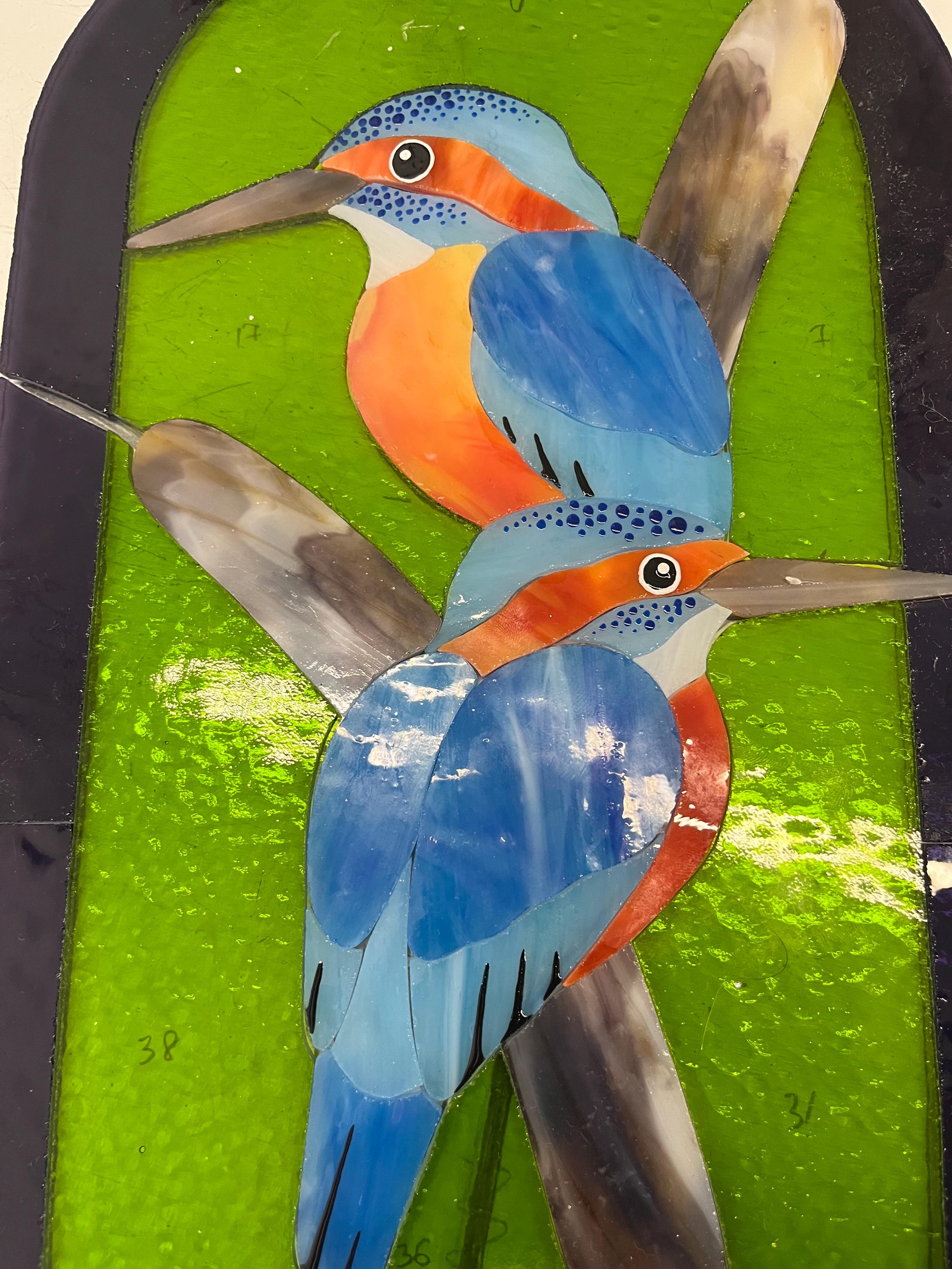 Stained Glass Kingfisher Panel, Bird Couple Window Hanging, Lakeside Cottage Decor, Anniversary Gift 14.5x8.5"