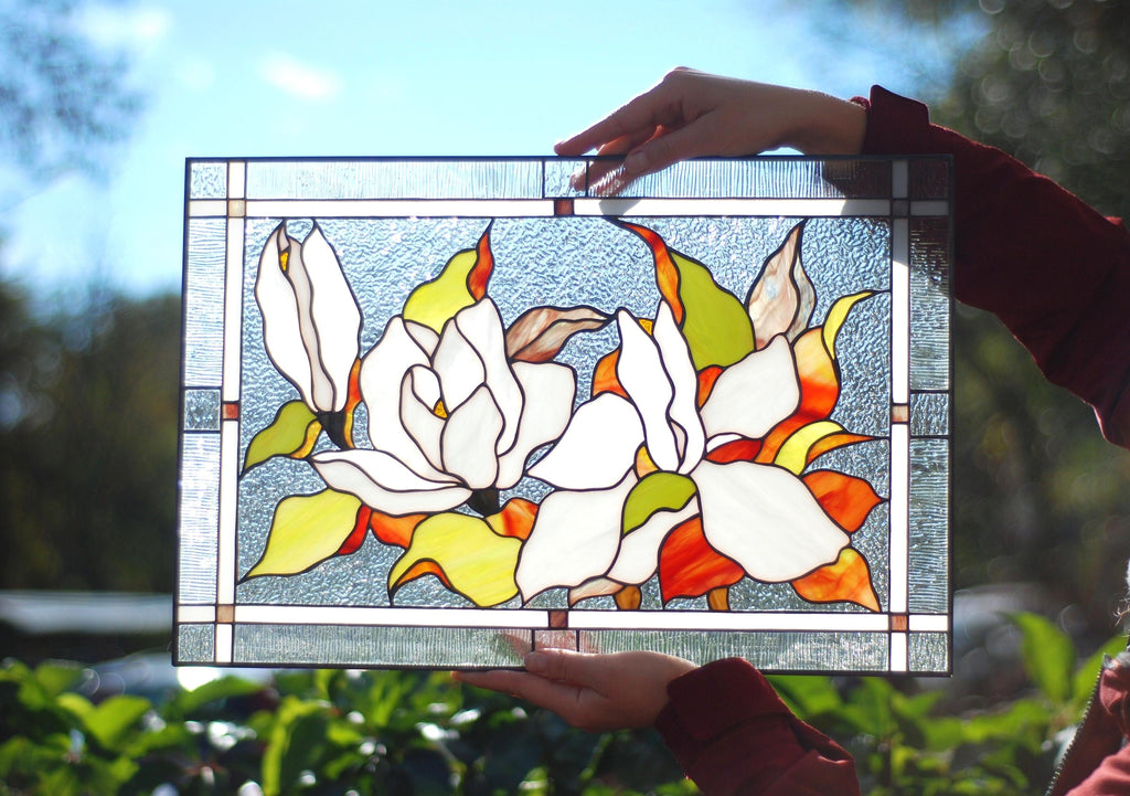 Magnolia Stained Glass Panel, Large Window Hanging, Custom Wall Art (16 x 11 inc.)