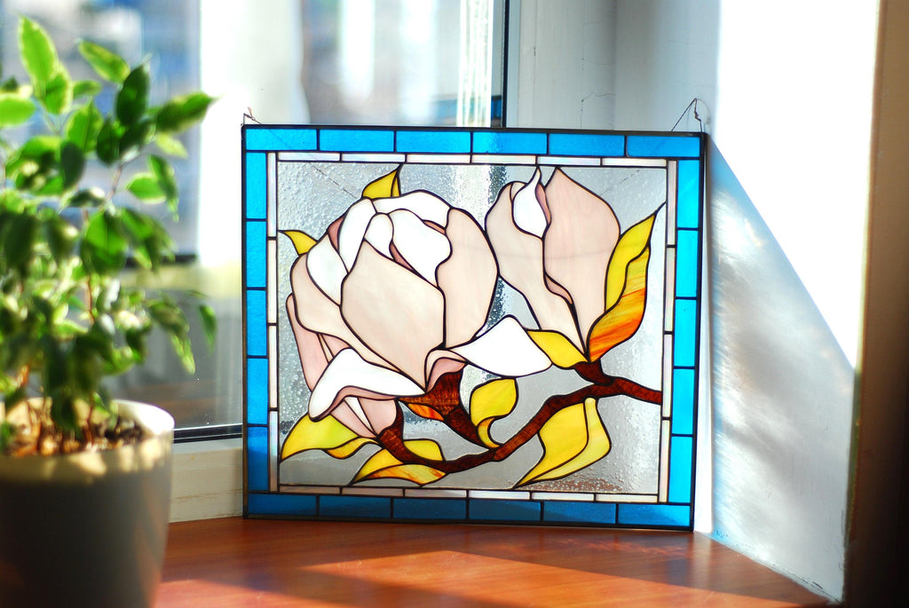 Magnolia Stained Glass Panel, Handmade Window Hanging, Pink Flower Suncatcher, Personalized gift, Tiffany Glass Art