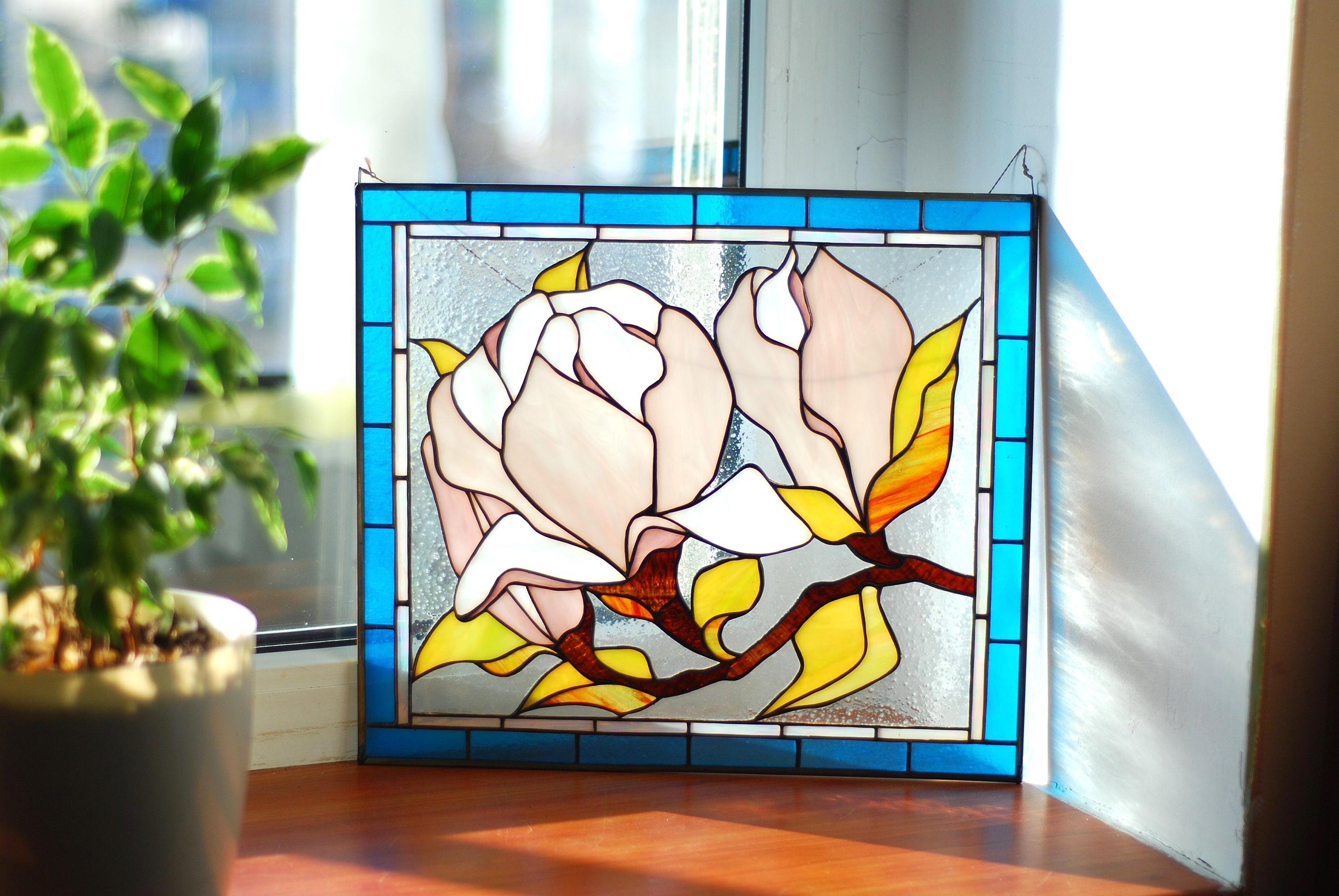 Magnolia Stained Glass Panel, Handmade Window Hanging, Pink Flower Suncatcher, Personalized gift, Tiffany Glass Art