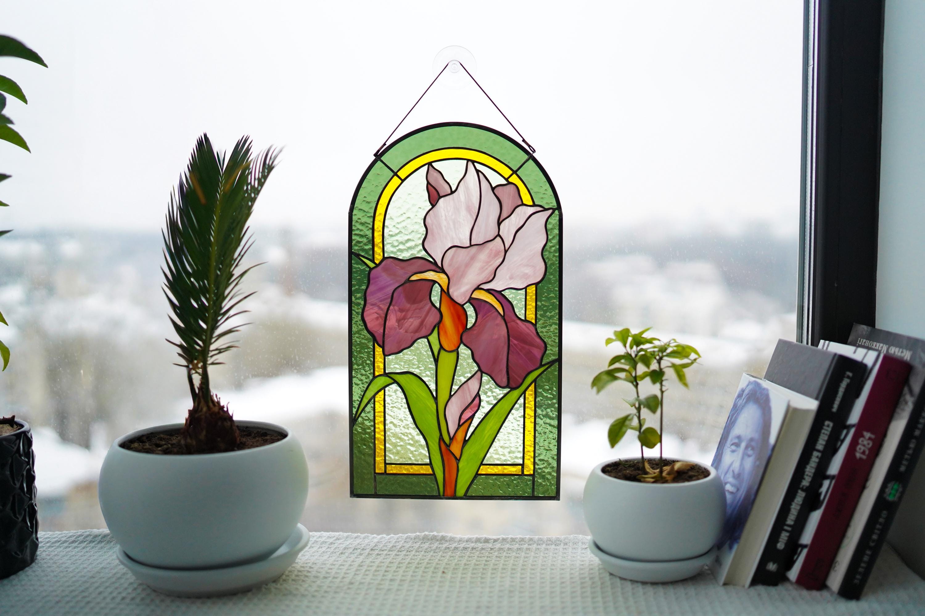 Iris Stained Glass Window Panel, Flower Suncatcher, Purple Floral Glass Art, Personalized Gift for Mom, Spring Garden Decor, Tiffany 8.5x14"