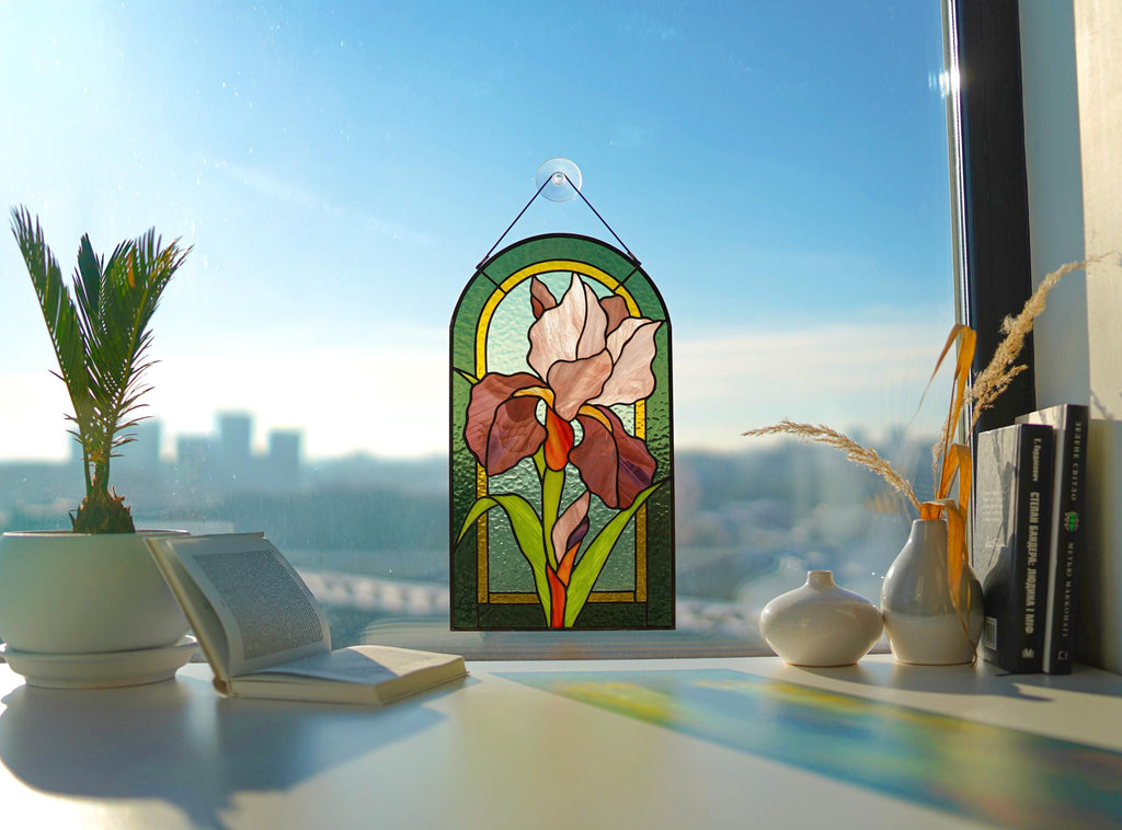 Iris Stained Glass Window Panel, Flower Suncatcher, Purple Floral Glass Art, Personalized Gift for Mom, Spring Garden Decor, Tiffany 8.5x14"