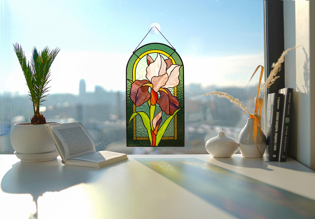 Iris Stained Glass Window Panel, Flower Suncatcher, Purple Floral Glass Art, Personalized Gift for Mom, Spring Garden Decor, Tiffany 8.5x14"