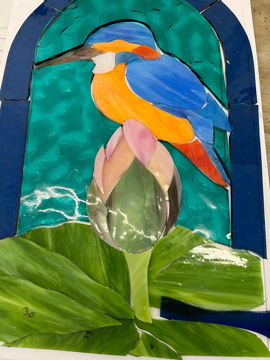 Kingfisher Lotus Stained Glass Arched Panel 13.5x8.5 In. Handmade Window Hangings, Blue Bird Suncatcher