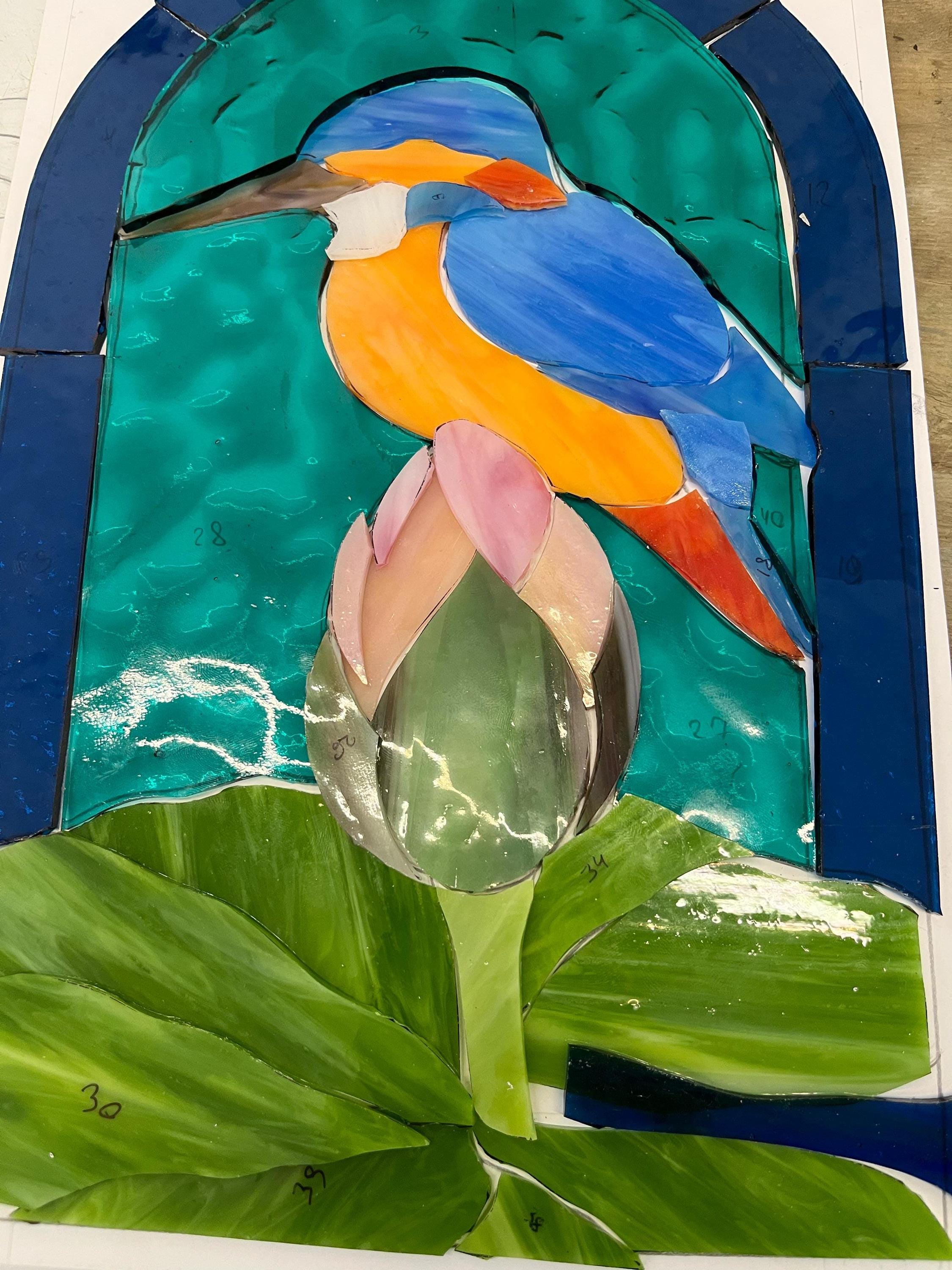 Kingfisher Lotus Stained Glass Arched Panel 13.5x8.5 In. Handmade Window Hangings, Blue Bird Suncatcher