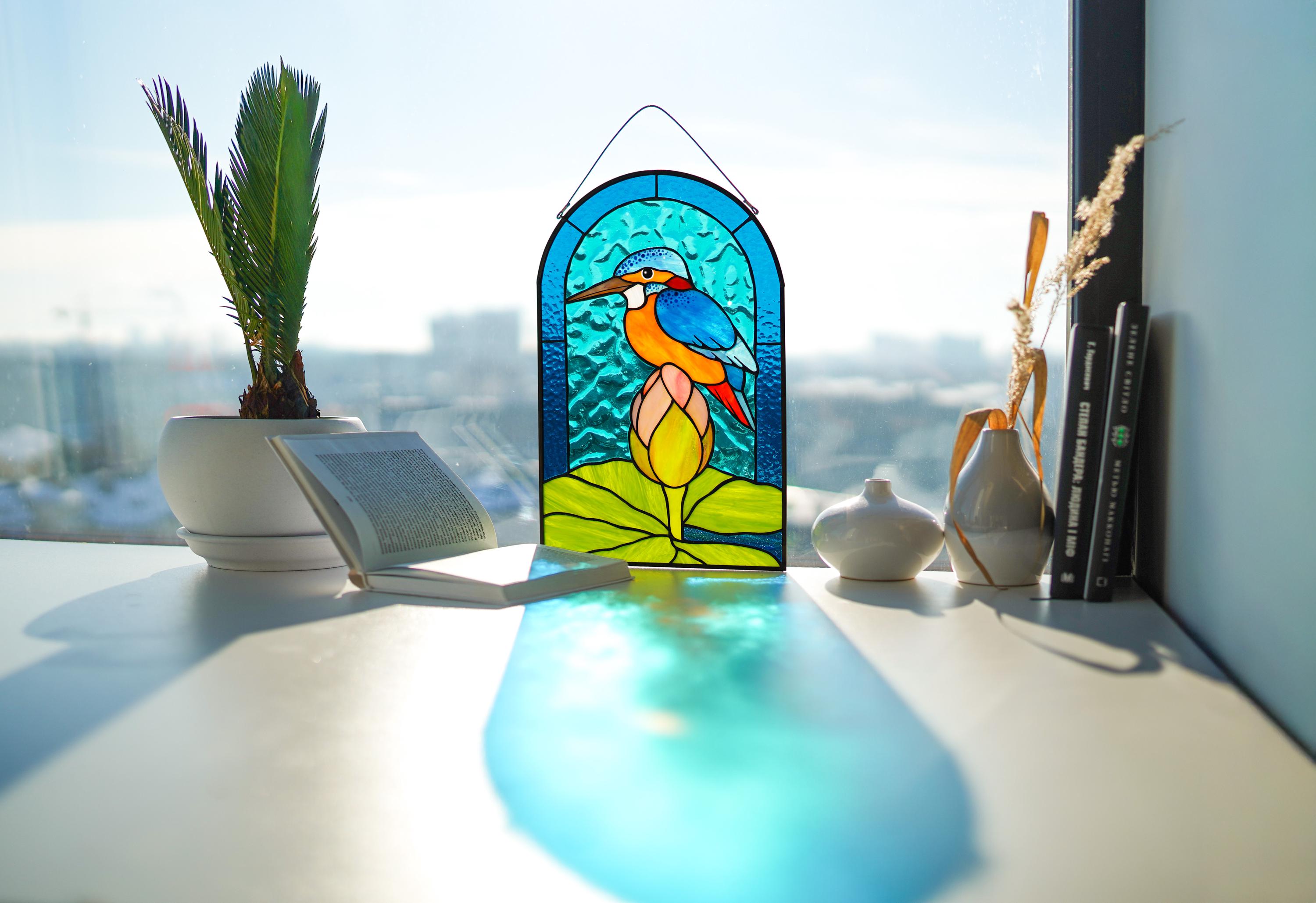 Kingfisher Lotus Stained Glass Arched Panel 13.5x8.5 In. Handmade Window Hangings, Blue Bird Suncatcher
