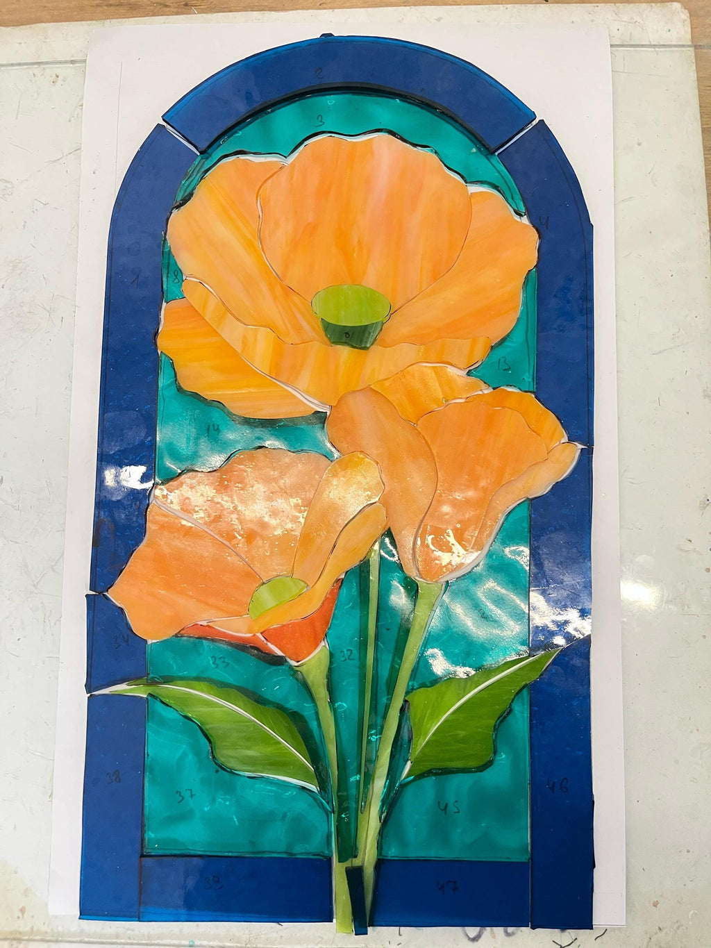 Orange Poppy Stained Glass Window Hanging, California Floral Suncatcher Panel