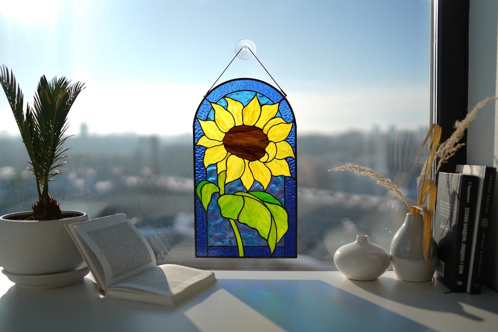 Sunflower Stained Glass Panel, Arched Botanical Suncatcher, Handmade Floral Window Art, Personalized Gift