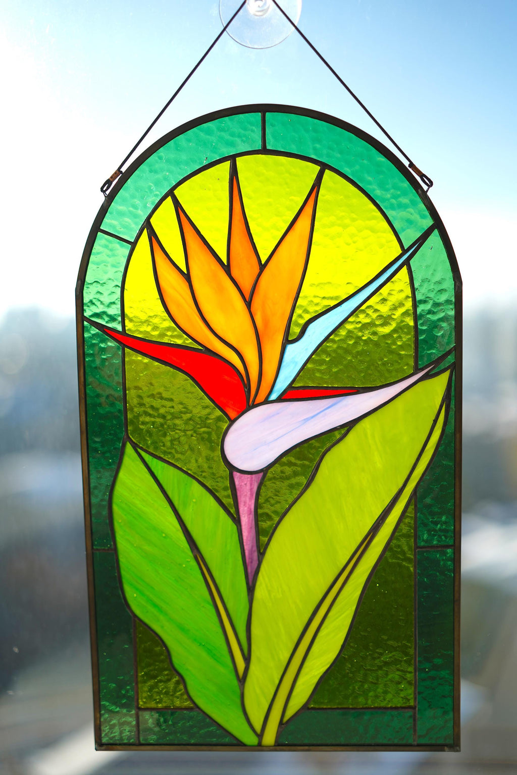 Bird of Paradise Stained Glass Panel, Tropical Floral Suncatcher, Botanical Window Art 14x6.5" Father's Day gift
