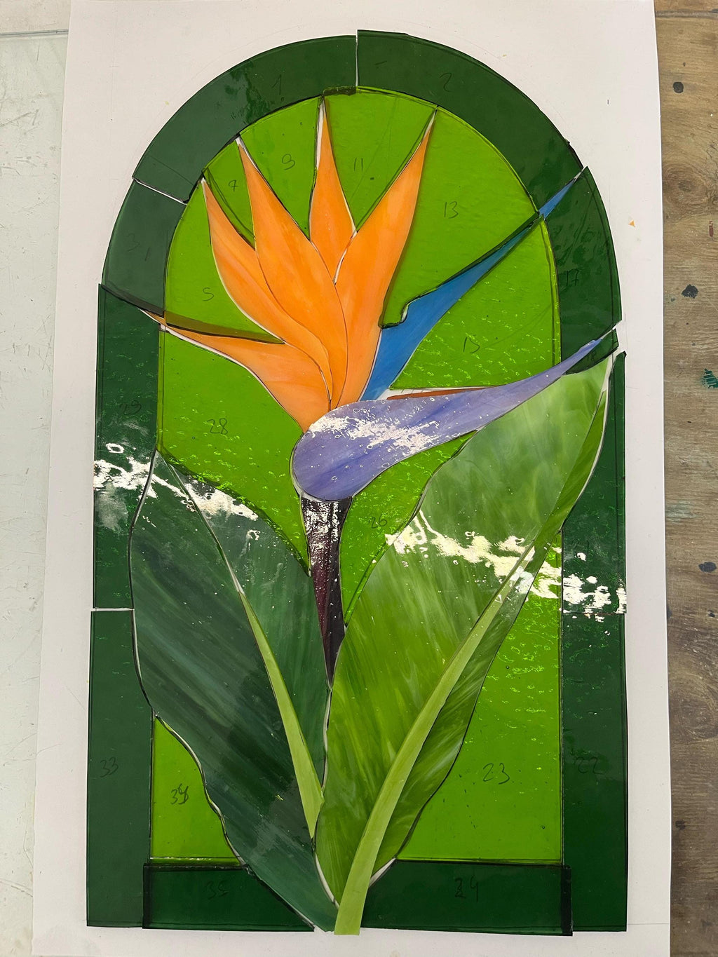 Bird of Paradise Stained Glass Panel, Tropical Floral Suncatcher, Botanical Window Art 14x6.5" Father's Day gift