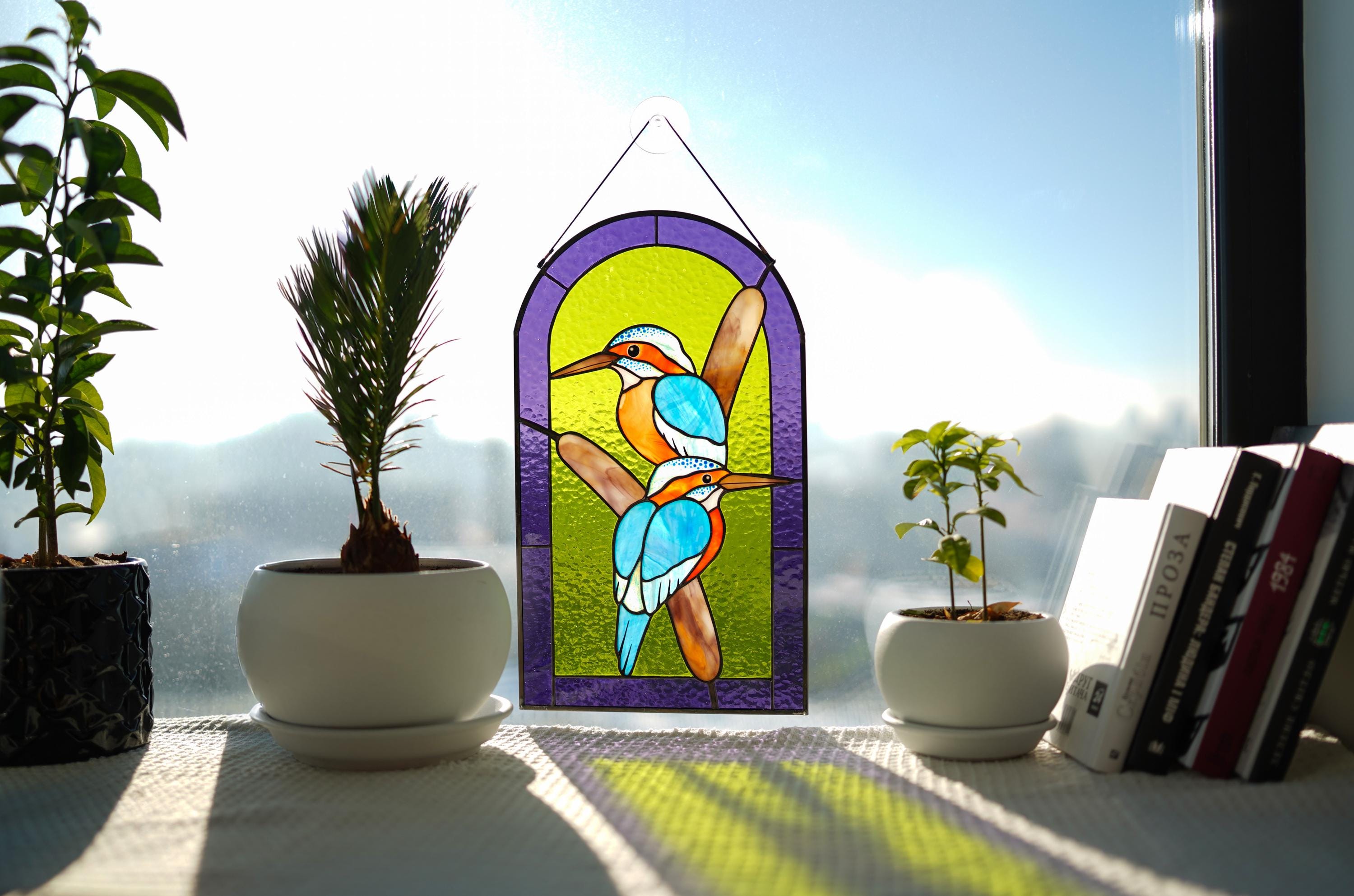 Stained Glass Kingfisher Panel, Bird Couple Window Hanging, Lakeside Cottage Decor, Anniversary Gift 14.5x8.5"