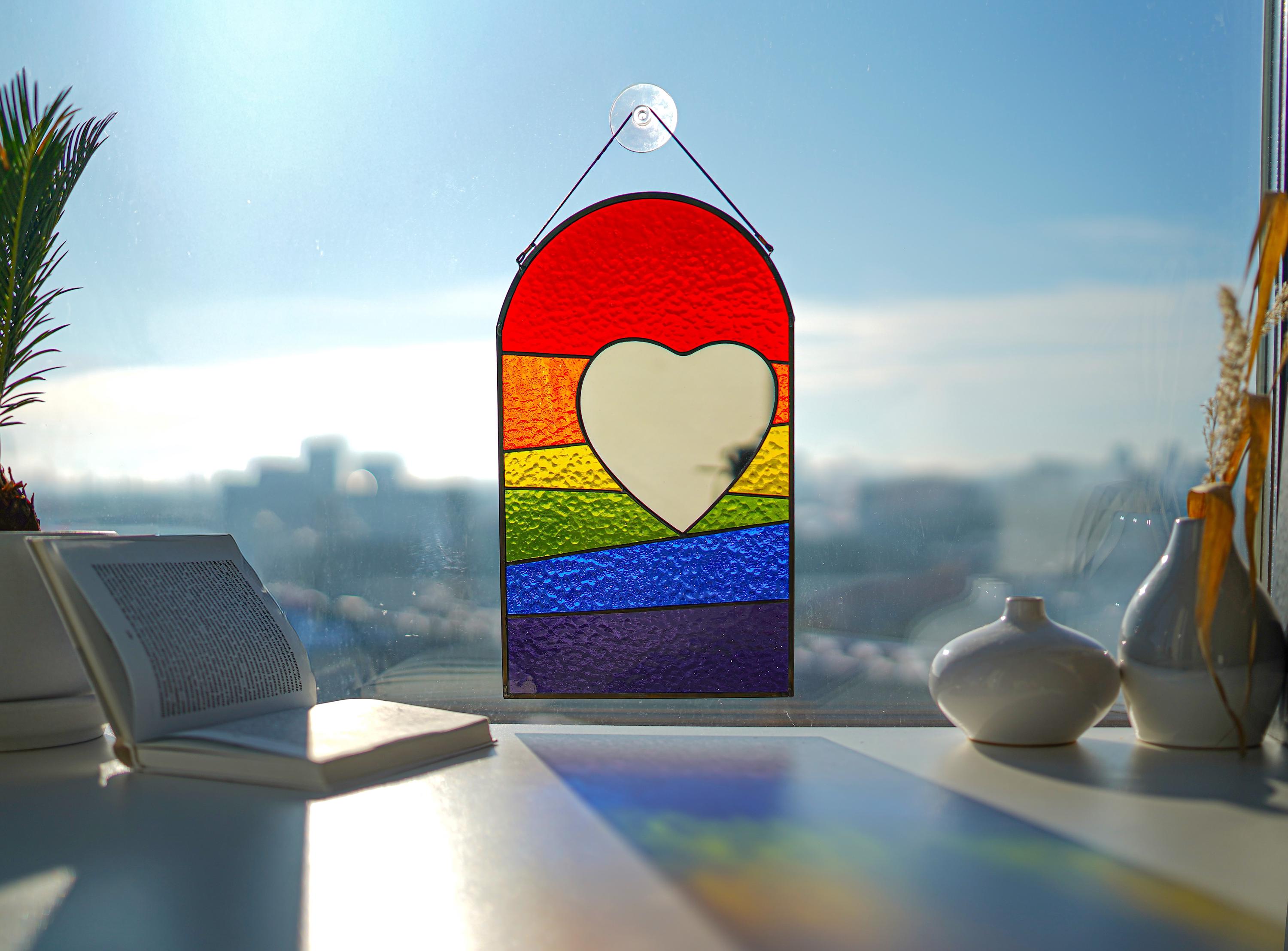 Stained Glass Rainbow Heart Suncatcher – LGBT Pride Mirror Window Hanging, 12.5"
