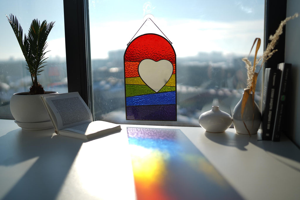 Stained Glass Rainbow Heart Suncatcher – LGBT Pride Mirror Window Hanging, 12.5"