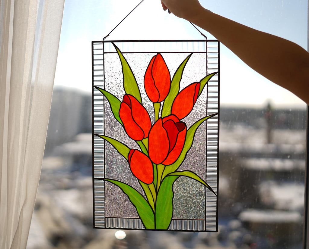Handmade Stained Glass Panel Red Tulip, Flower Suncatcher, Floral Tiffany Window Hanging, Home Decor Gift for Her