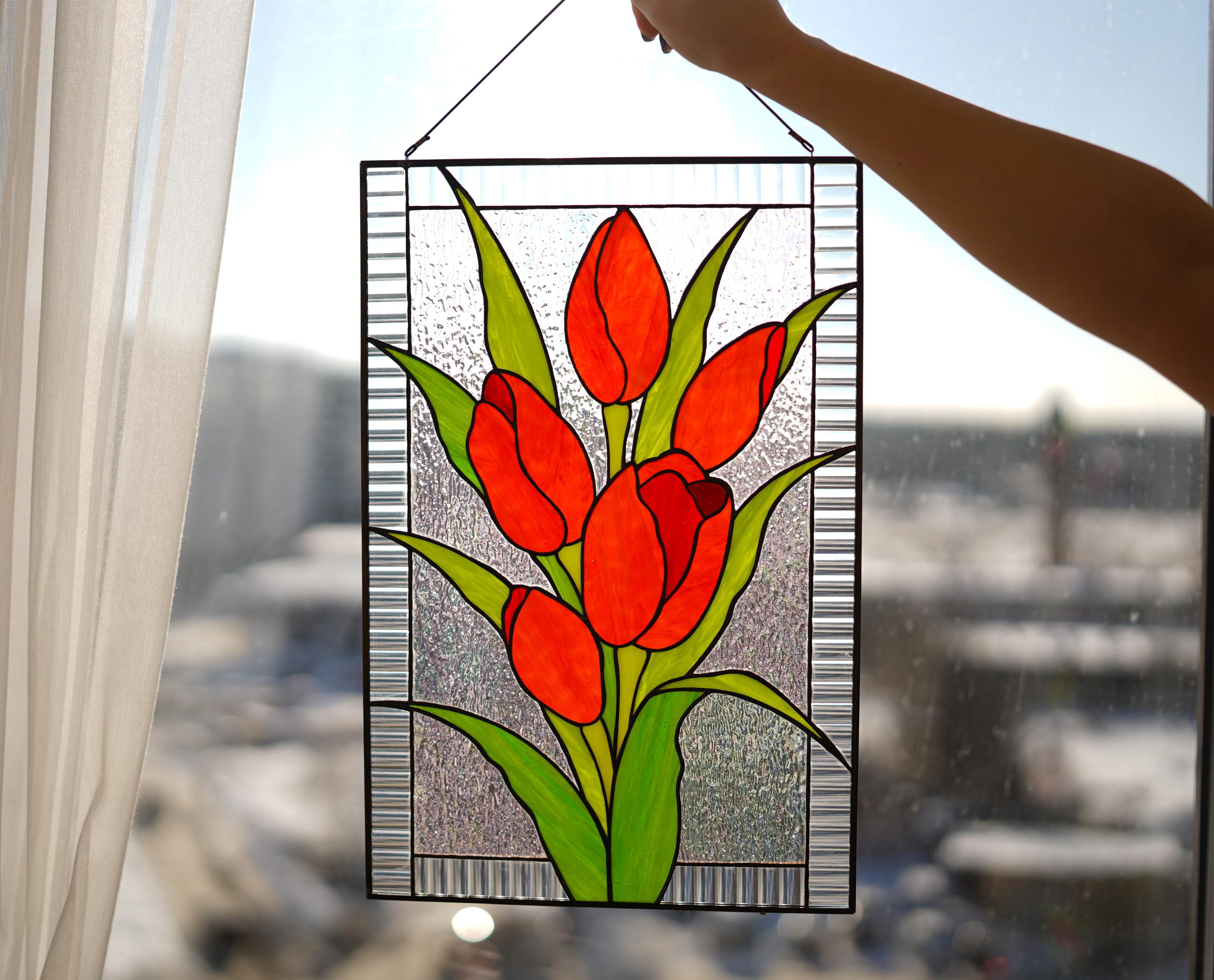 Handmade Stained Glass Panel Red Tulip, Flower Suncatcher, Floral Tiffany Window Hanging, Home Decor Gift for Her