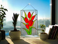 Handmade Stained Glass Panel Red Tulip, Flower Suncatcher, Floral Tiffany Window Hanging, Home Decor Gift for Her