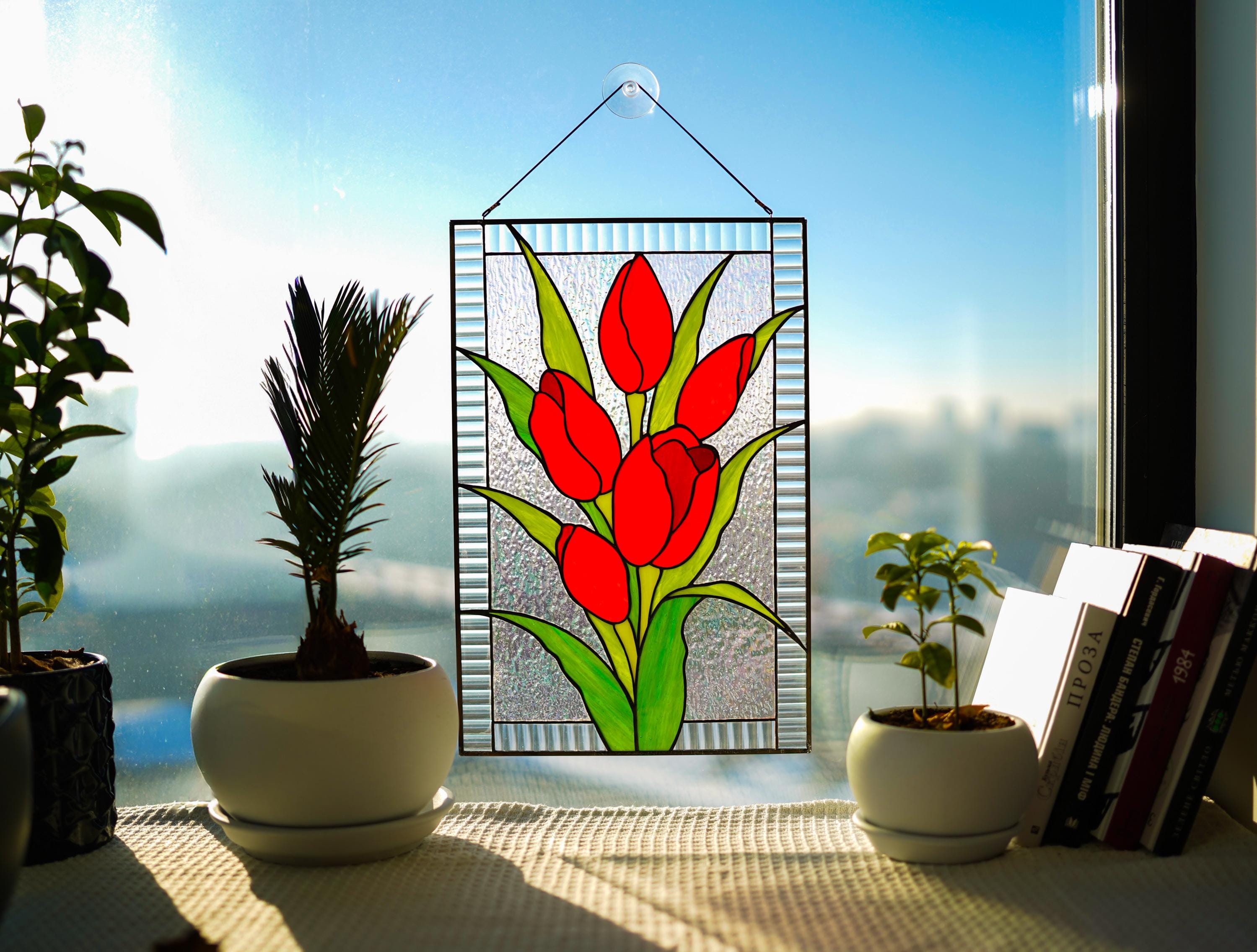 Handmade Stained Glass Panel Red Tulip, Flower Suncatcher, Floral Tiffany Window Hanging, Home Decor Gift for Her