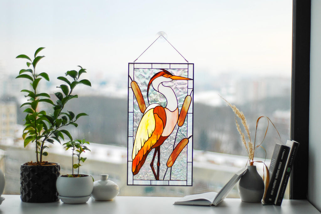 Heron Stained Glass Window Hanging 17.5x9.5 in, Blue Heron Suncatcher with Cattails, Handmade Panel, Coastal Decor, Father's Day Gift