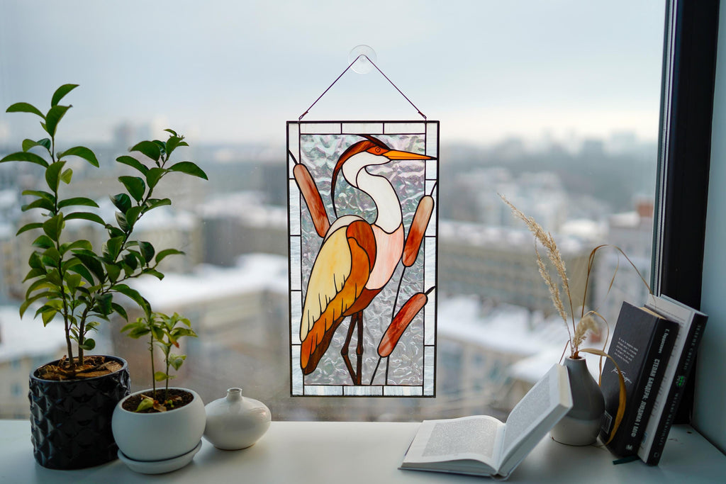 Heron Stained Glass Window Hanging 17.5x9.5 in, Blue Heron Suncatcher with Cattails, Handmade Panel, Coastal Decor, Father's Day Gift