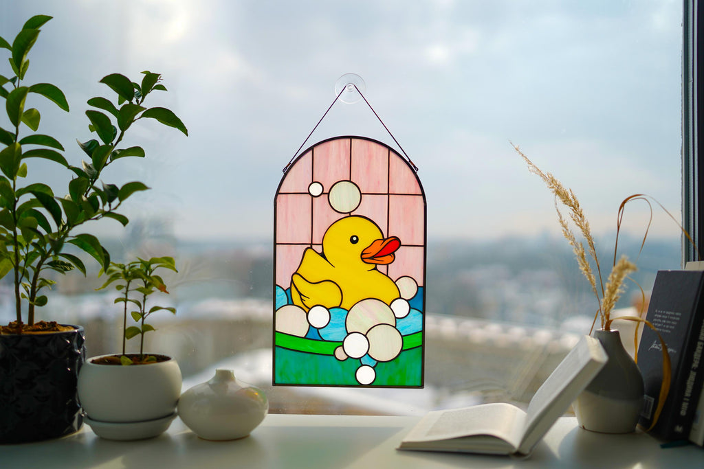 Stained Glass Panel - Yellow Rubber Duck, Tiffany Suncatcher, Handmade Glass Art, Bathroom Decor, Bird Window Hangings, Father's Day Gift