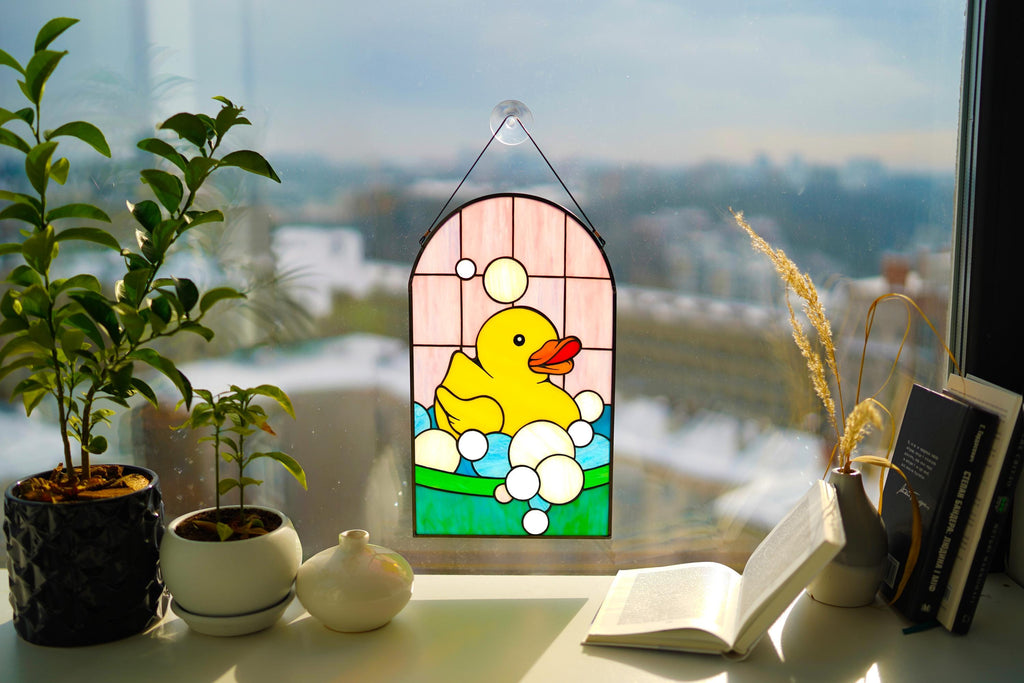 Stained Glass Panel - Yellow Rubber Duck, Tiffany Suncatcher, Handmade Glass Art, Bathroom Decor, Bird Window Hangings, Father's Day Gift