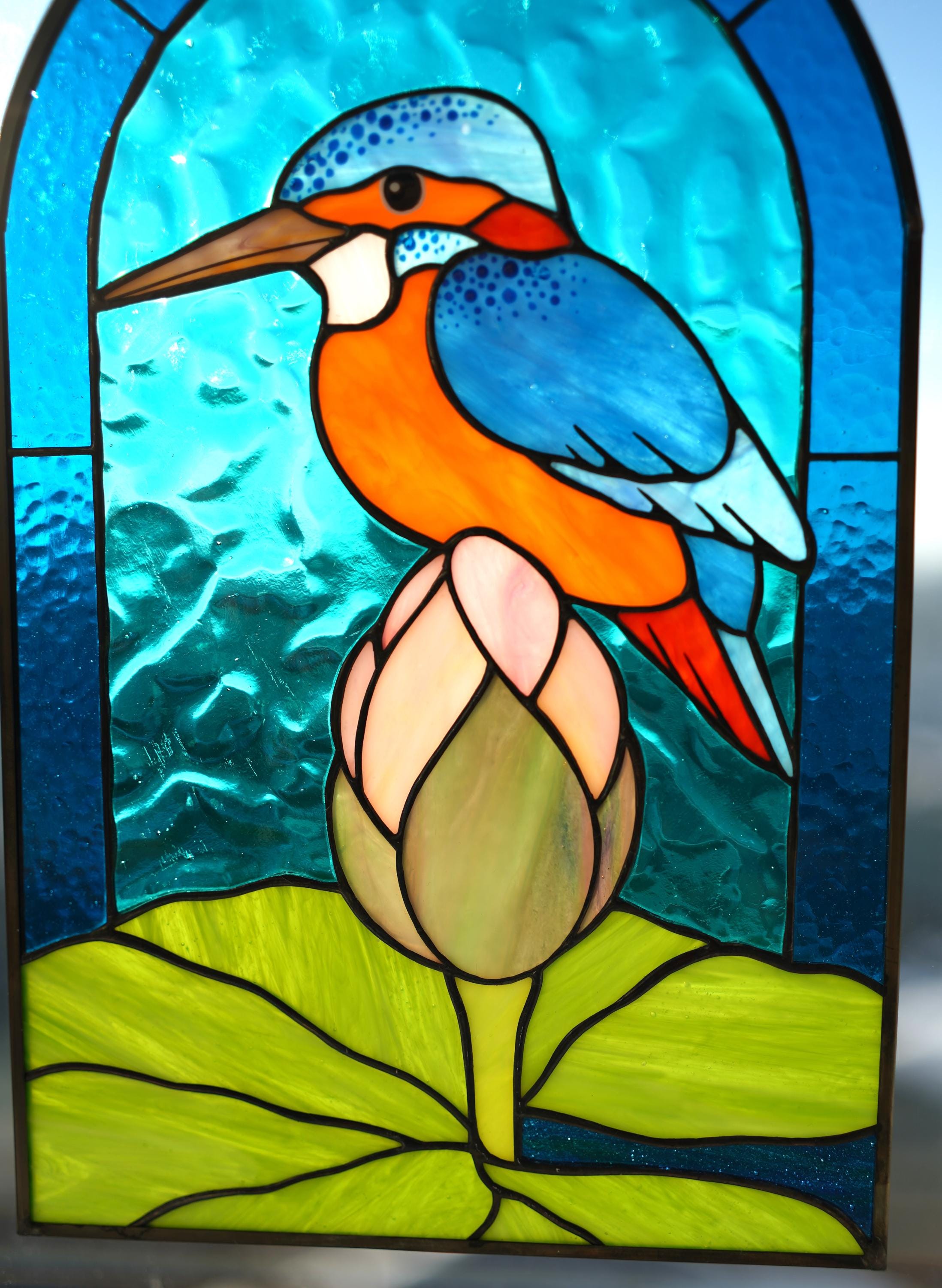 Kingfisher Lotus Stained Glass Arched Panel 13.5x8.5 In. Handmade Window Hangings, Blue Bird Suncatcher