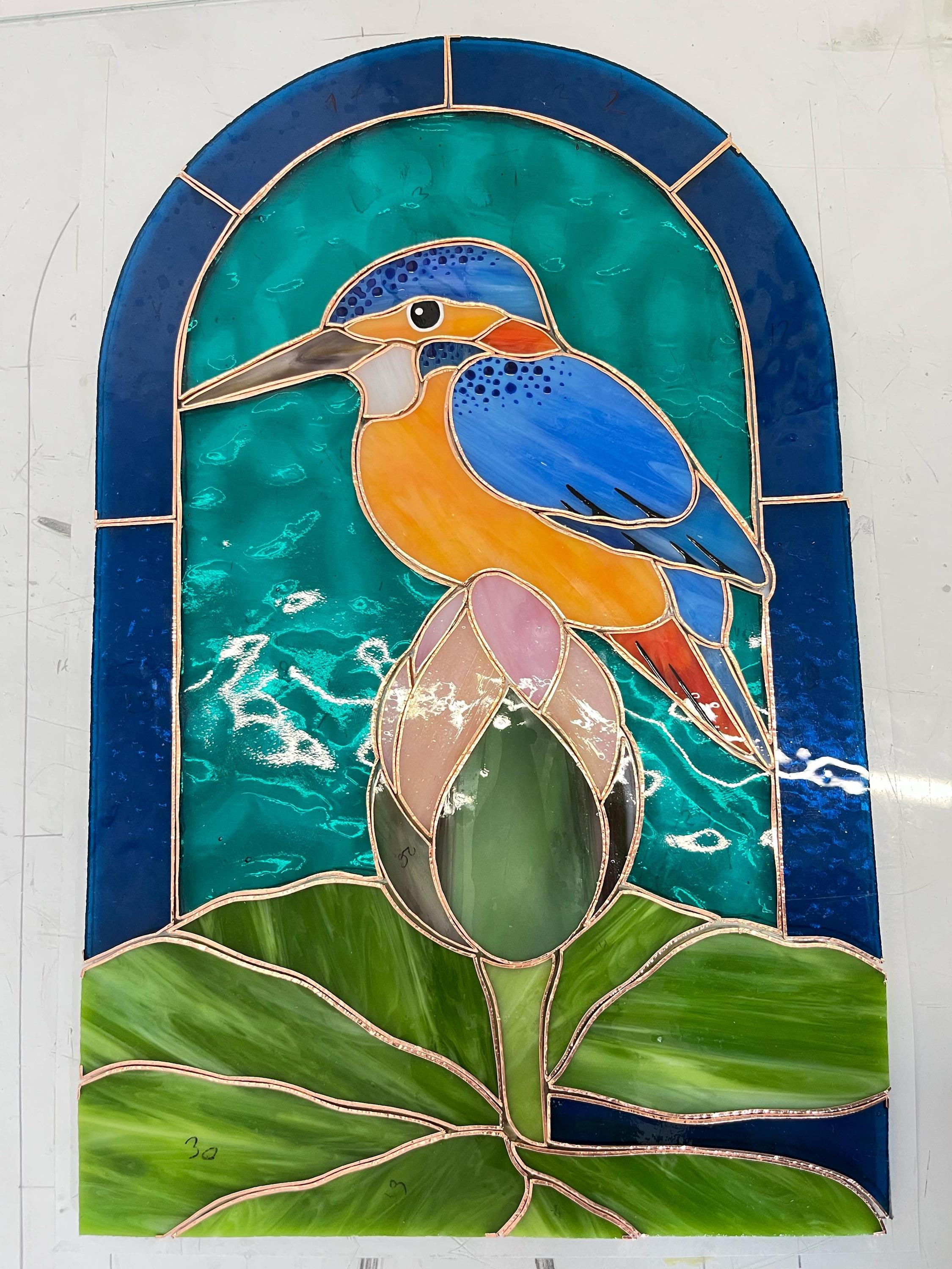 Kingfisher Lotus Stained Glass Arched Panel 13.5x8.5 In. Handmade Window Hangings, Blue Bird Suncatcher