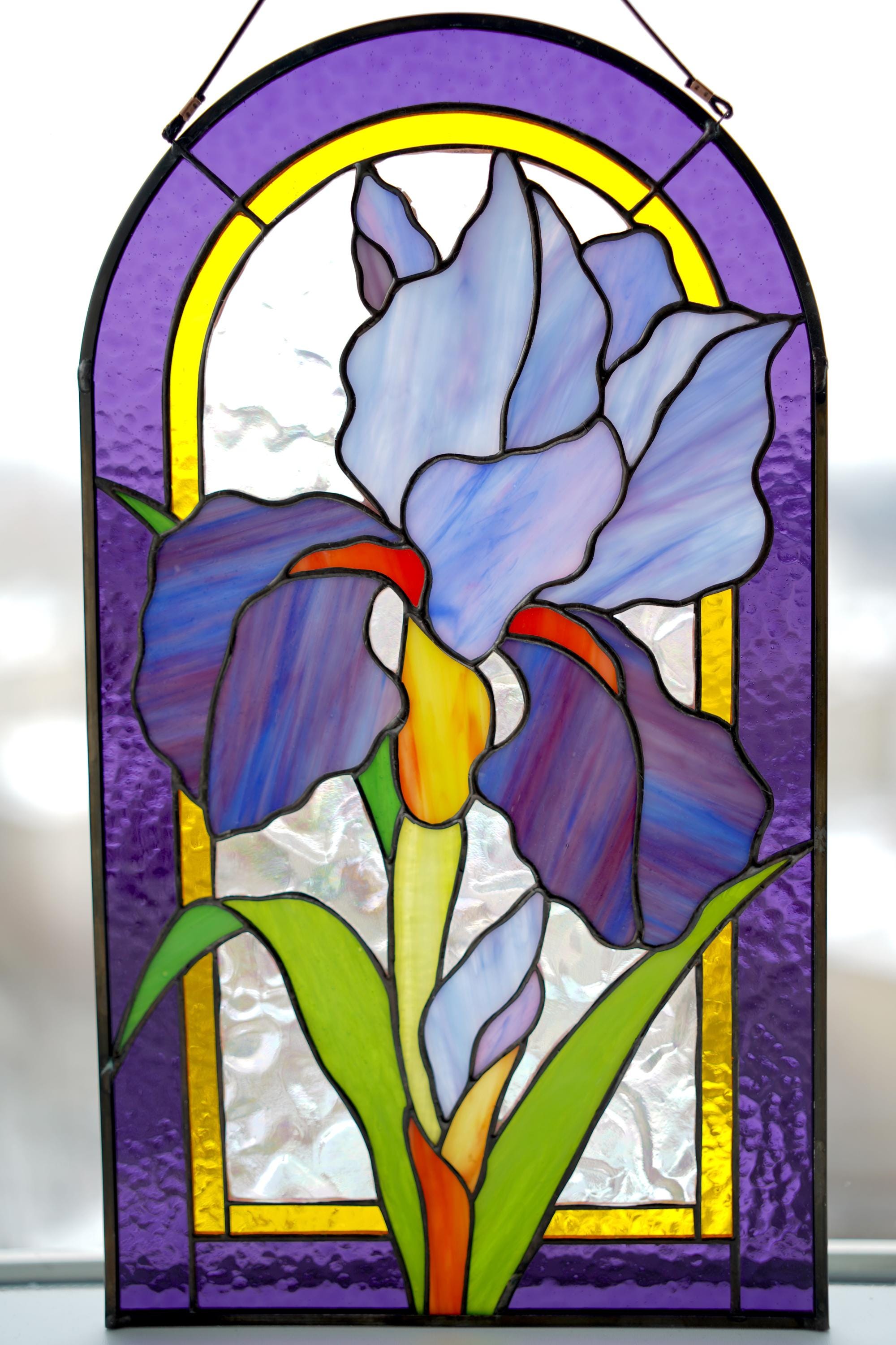 Handcrafted Iris Stained Glass Window Hanging – Purple Floral Suncatcher Panel – Spring Art 8.5x14.5 In