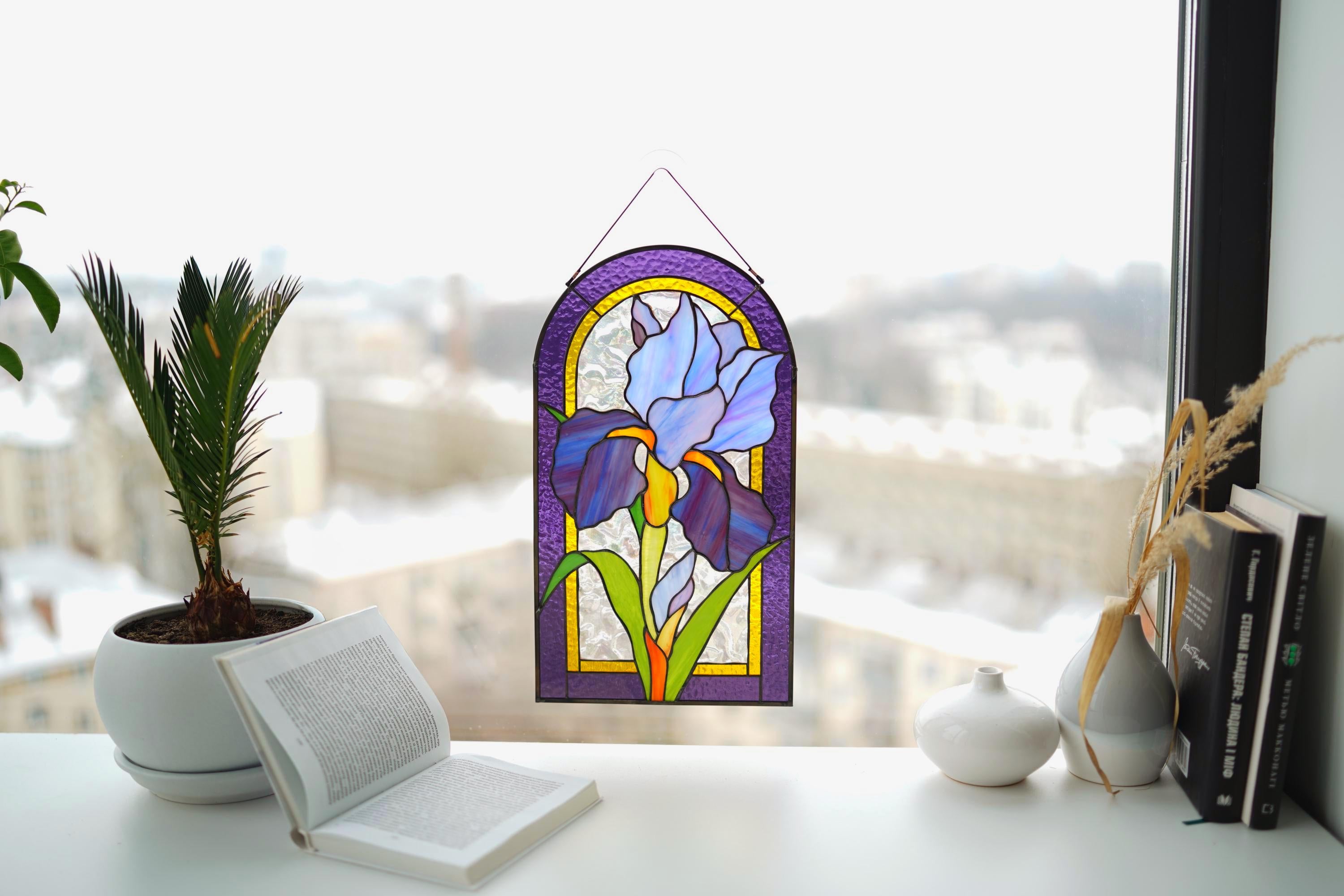 Handcrafted Iris Stained Glass Window Hanging – Purple Floral Suncatcher Panel – Spring Art 8.5x14.5 In