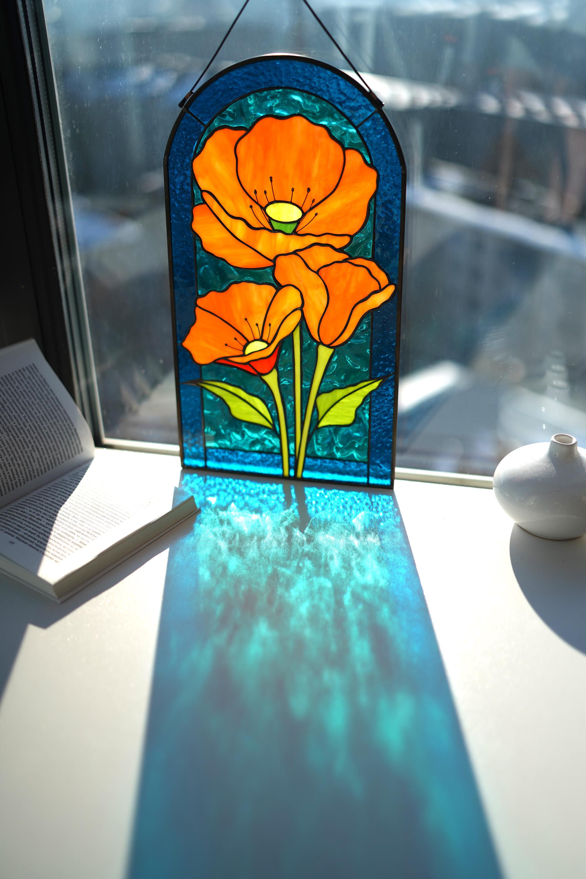 Orange Poppy Stained Glass Window Hanging, California Floral Suncatcher Panel