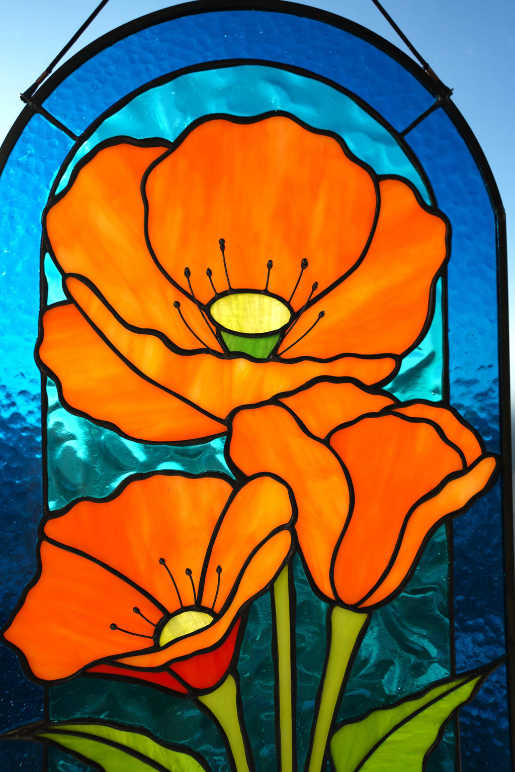 Orange Poppy Stained Glass Window Hanging, California Floral Suncatcher Panel