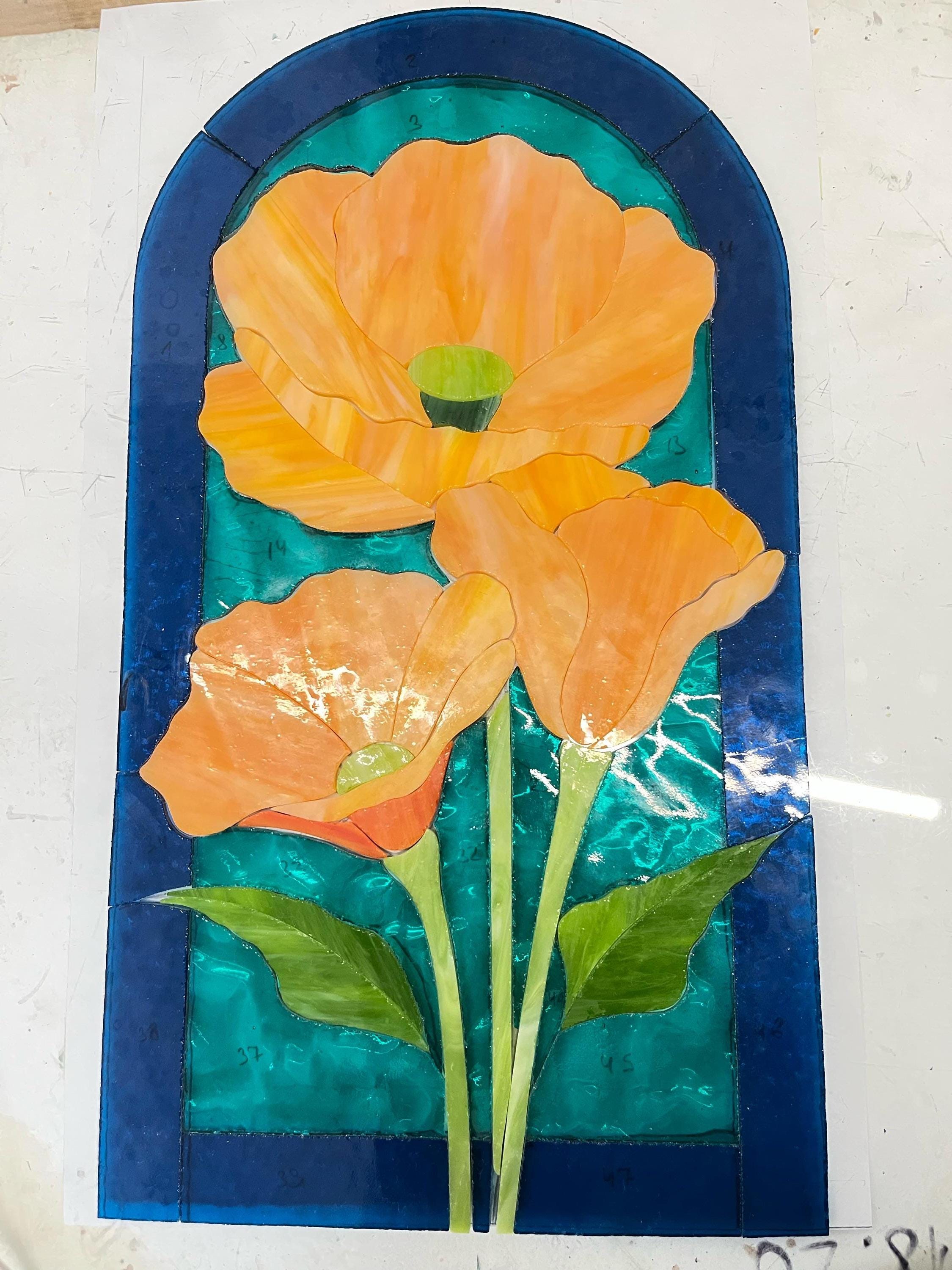 Orange Poppy Stained Glass Window Hanging, California Floral Suncatcher Panel