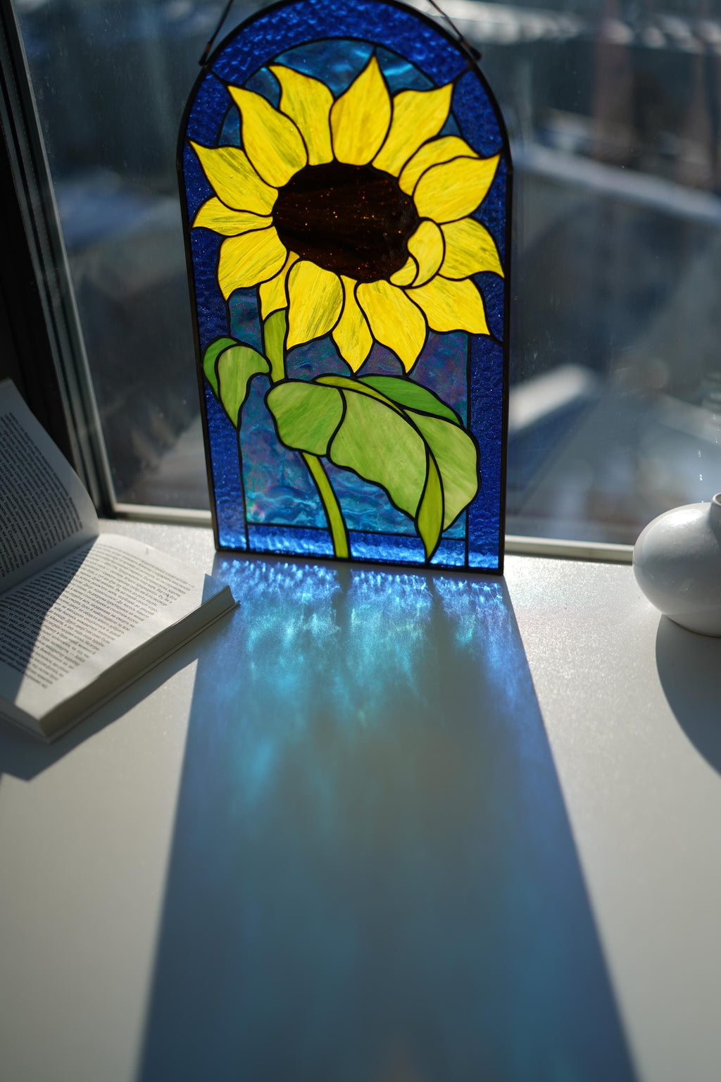 Sunflower Stained Glass Panel, Arched Botanical Suncatcher, Handmade Floral Window Art, Personalized Gift