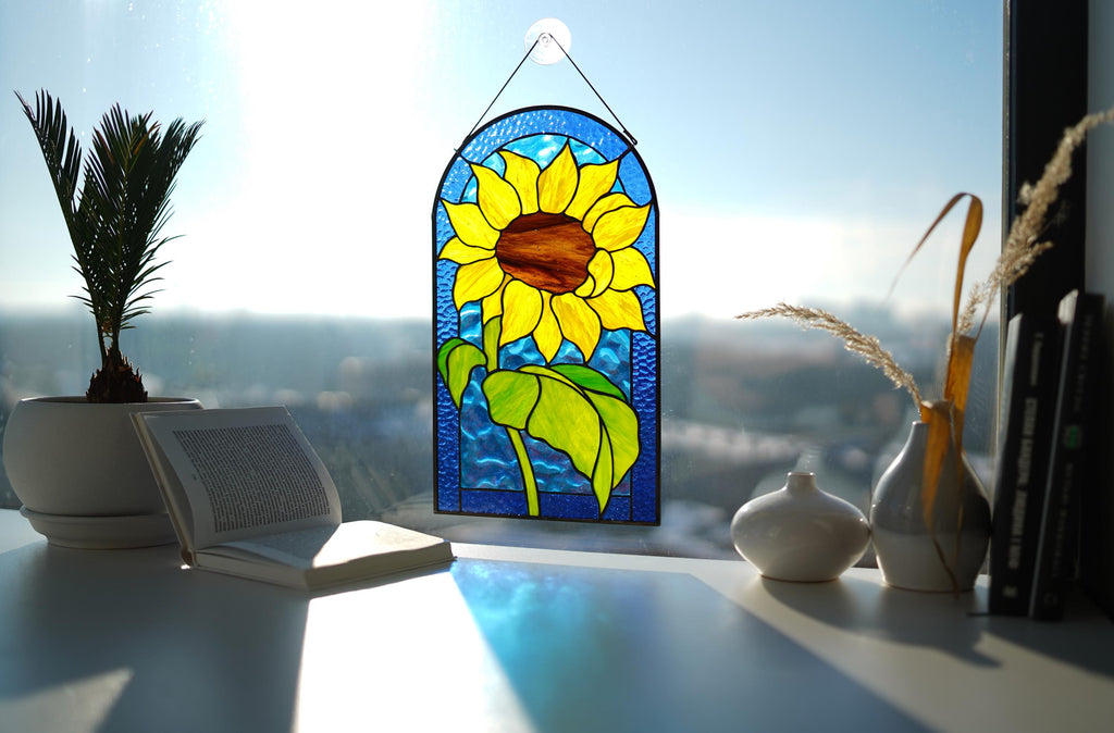Sunflower Stained Glass Panel, Arched Botanical Suncatcher, Handmade Floral Window Art, Personalized Gift