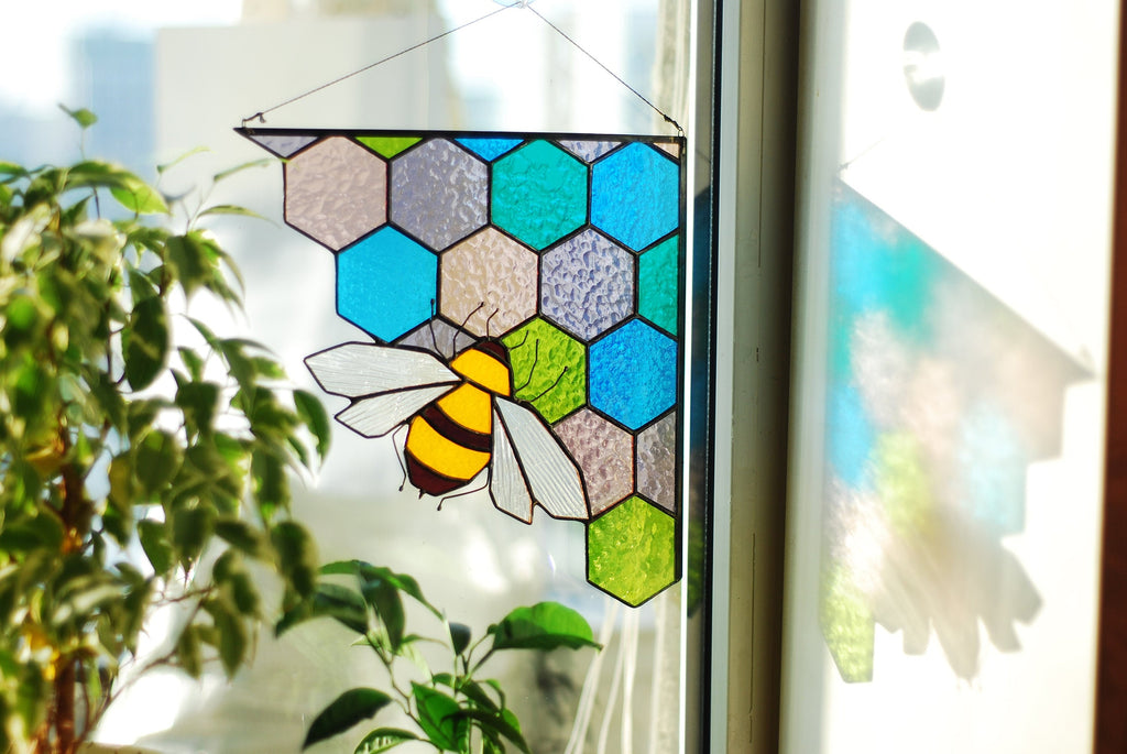 Stained Glass Bee Suncatcher: Handmade Honeycomb Window Art