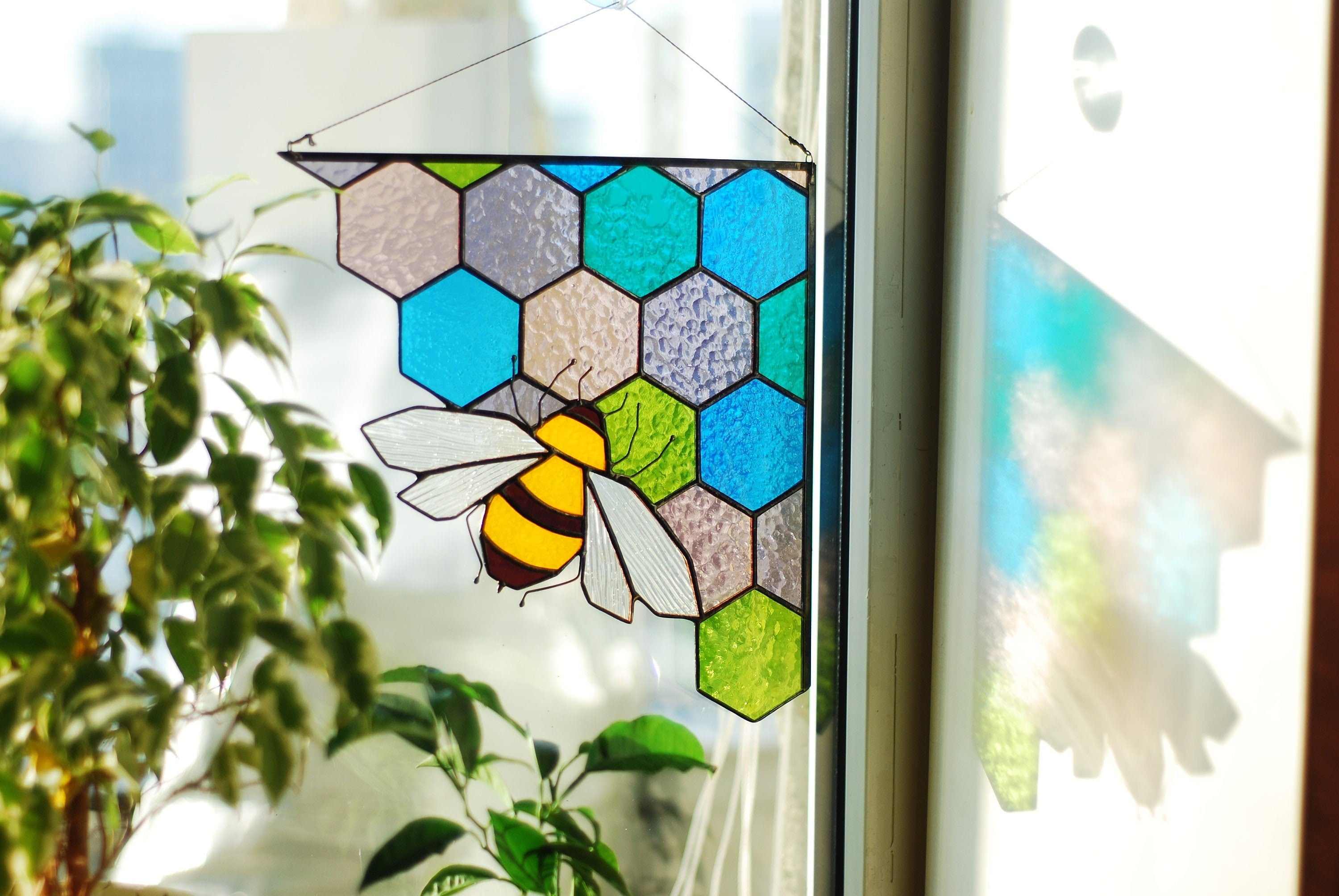 Stained Glass Bee Suncatcher: Handmade Honeycomb Window Art