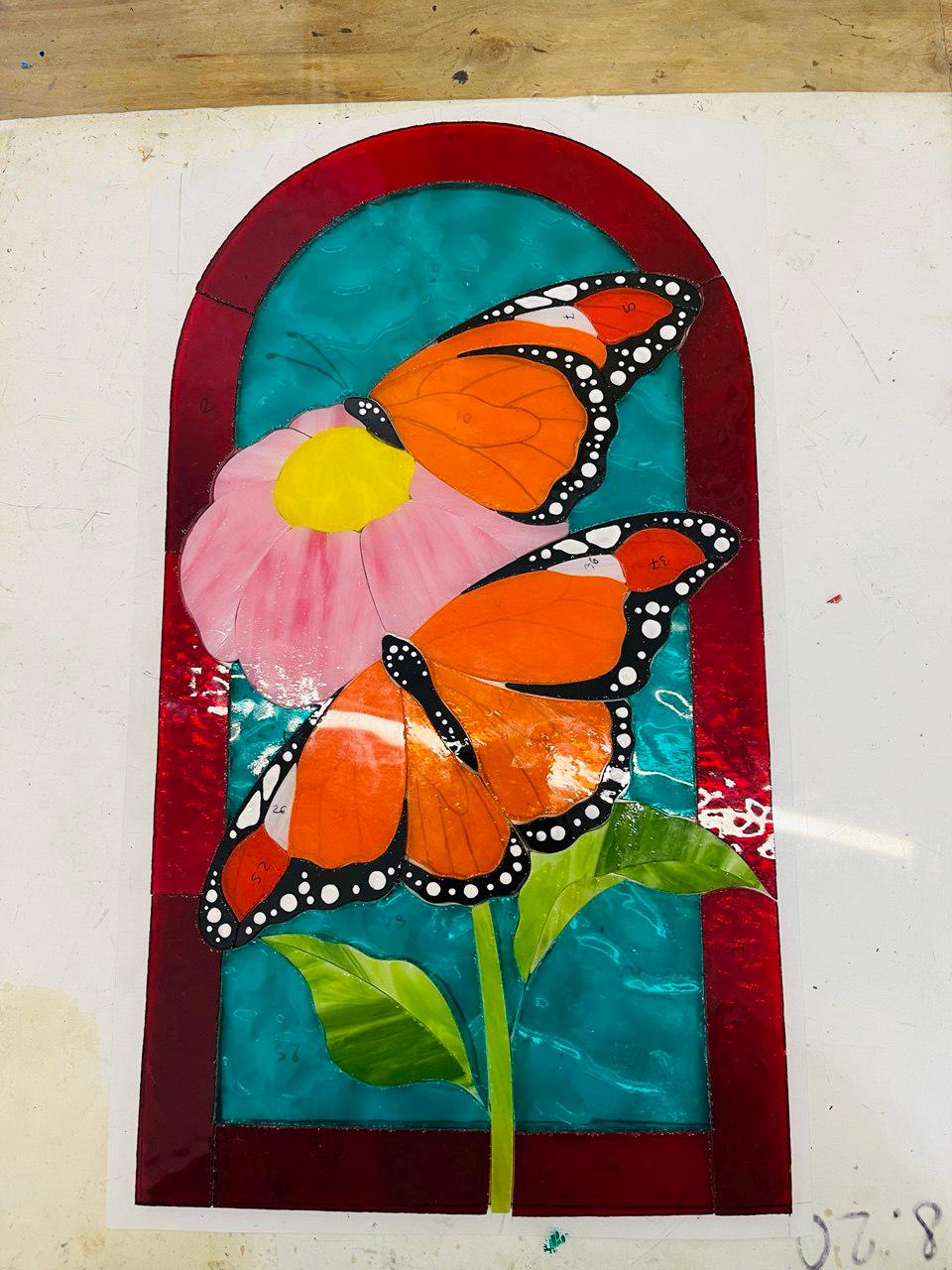 Monarch Butterfly Stained Glass Window Hanging 15x8.5 in, Butterflies on Flower Suncatcher, Arched Glass Panel, Home Decor, Gift for Mom