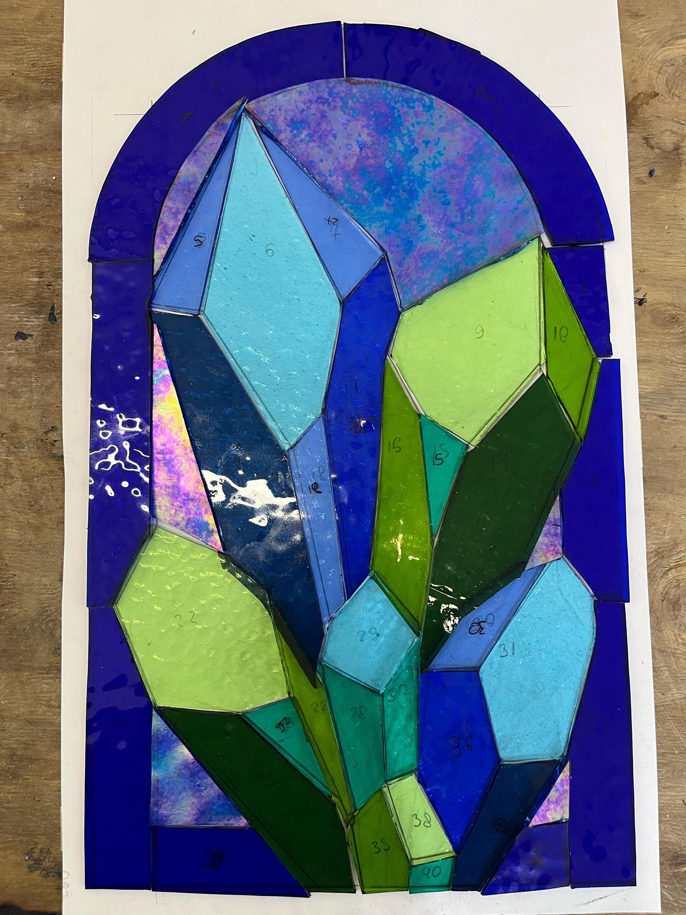 Crystal Cluster Stained Glass Panel, Geometric Suncatcher, Blue Quartz Wall Art (13.5x8.5 inches)