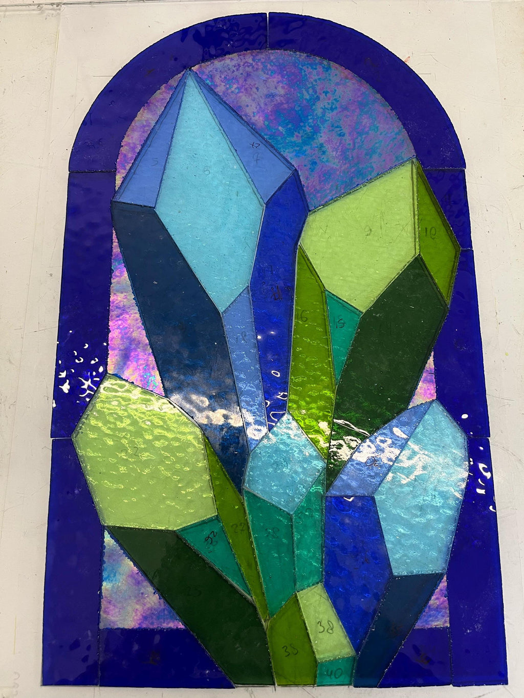 Crystal Cluster Stained Glass Panel, Geometric Suncatcher, Blue Quartz Wall Art (13.5x8.5 inches)