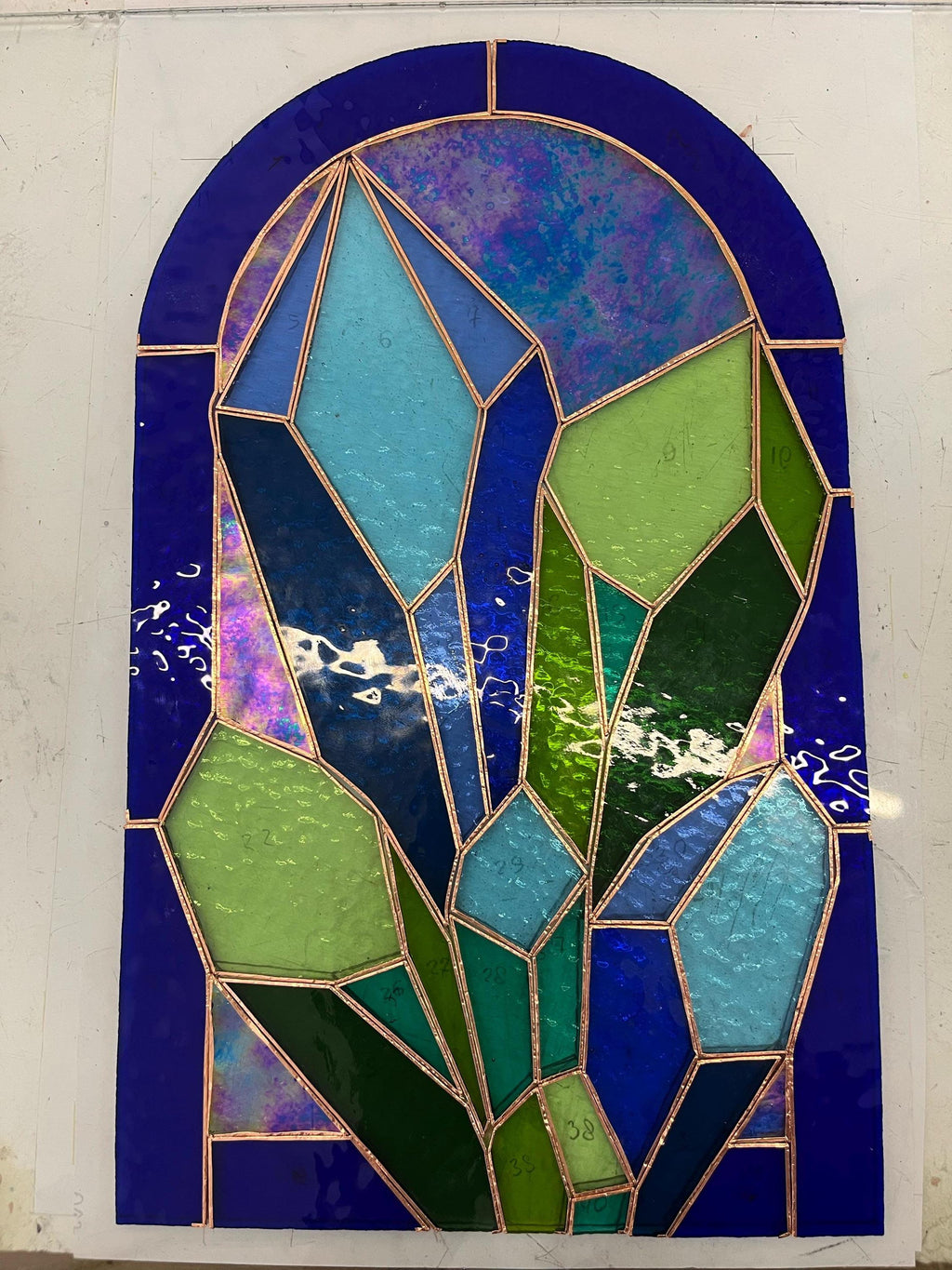 Crystal Cluster Stained Glass Panel, Geometric Suncatcher, Blue Quartz Wall Art (13.5x8.5 inches)