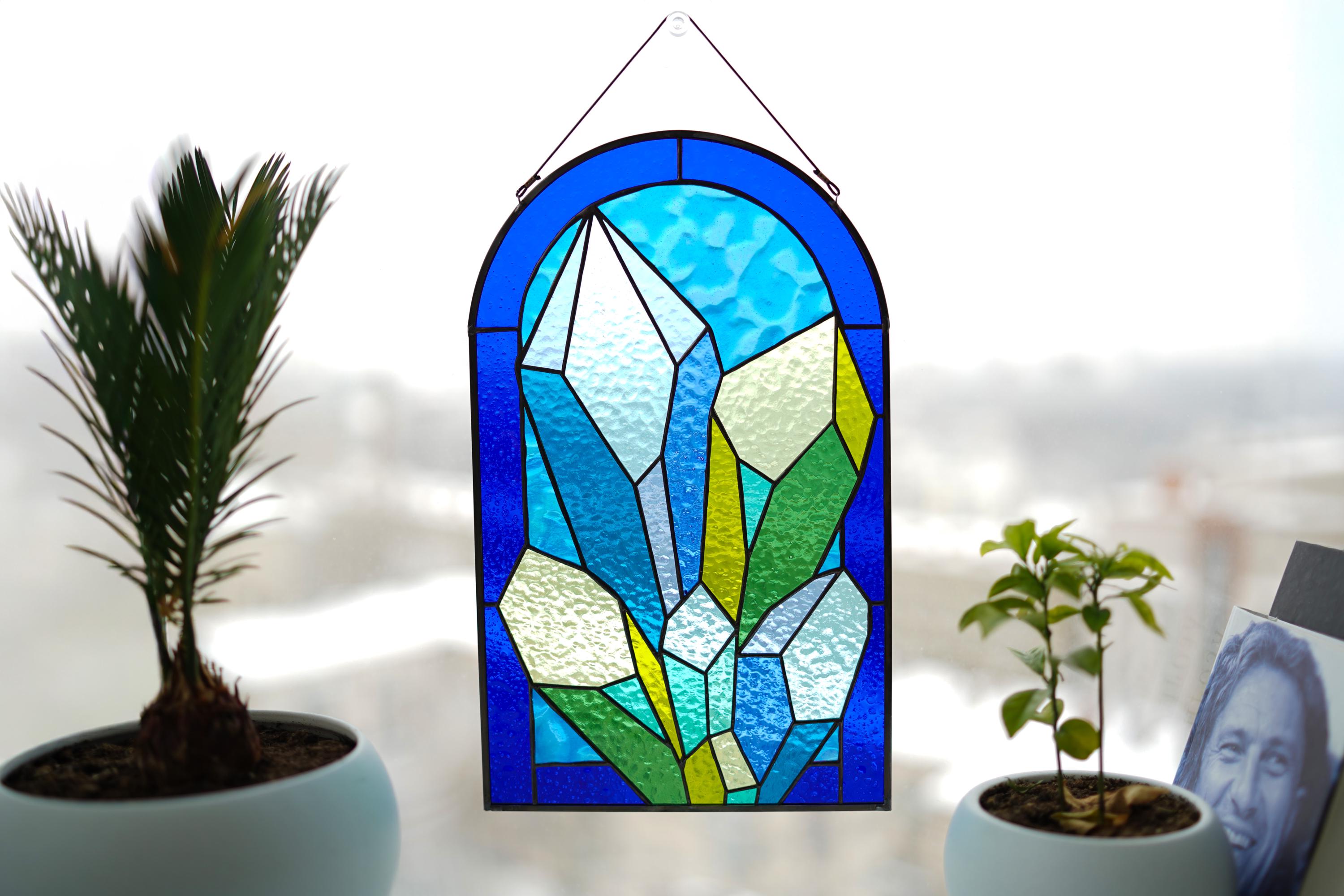 Crystal Cluster Stained Glass Panel, Geometric Suncatcher, Blue Quartz Wall Art (13.5x8.5 inches)