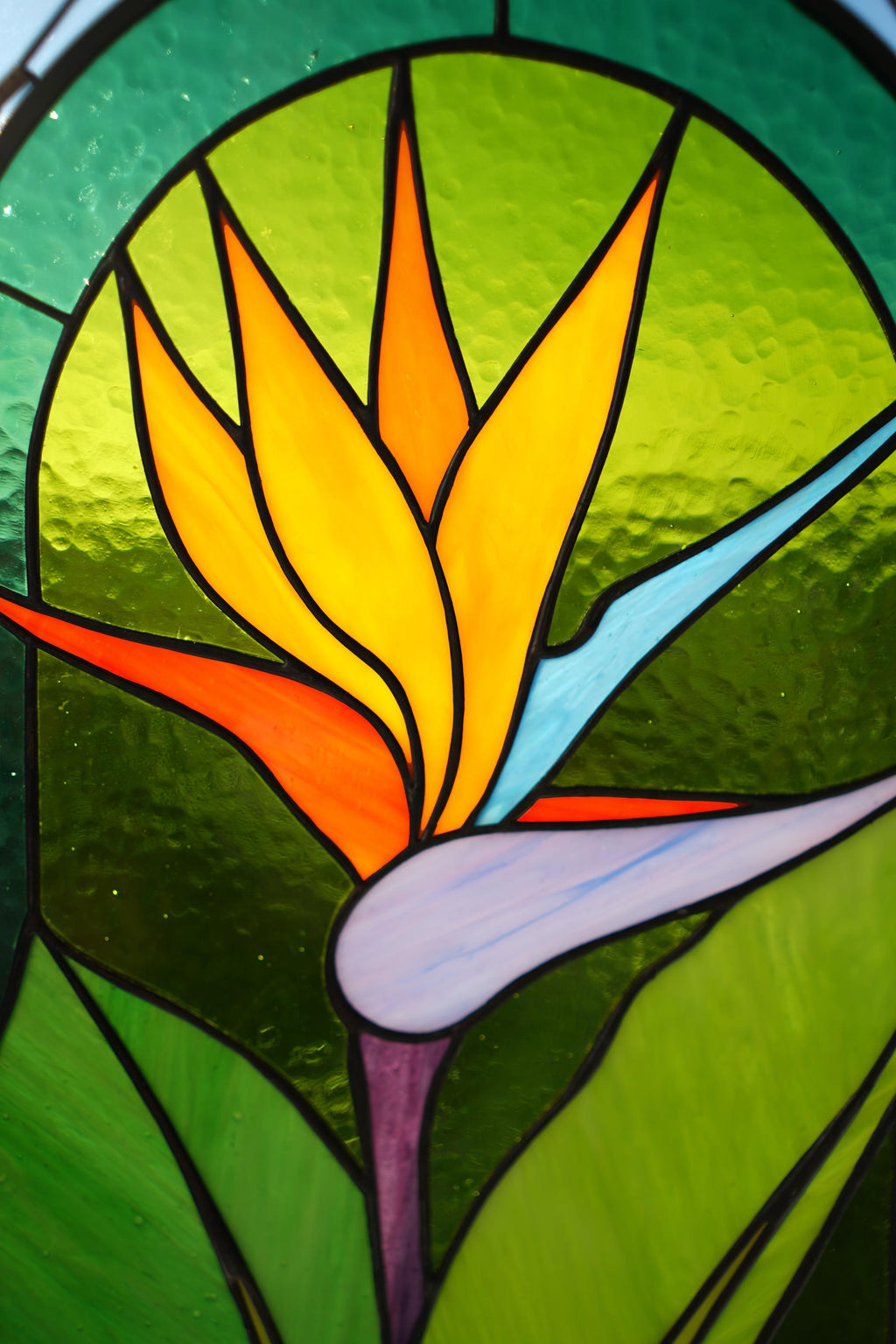 Bird of Paradise Stained Glass Panel, Tropical Floral Suncatcher, Botanical Window Art 14x6.5" Father's Day gift