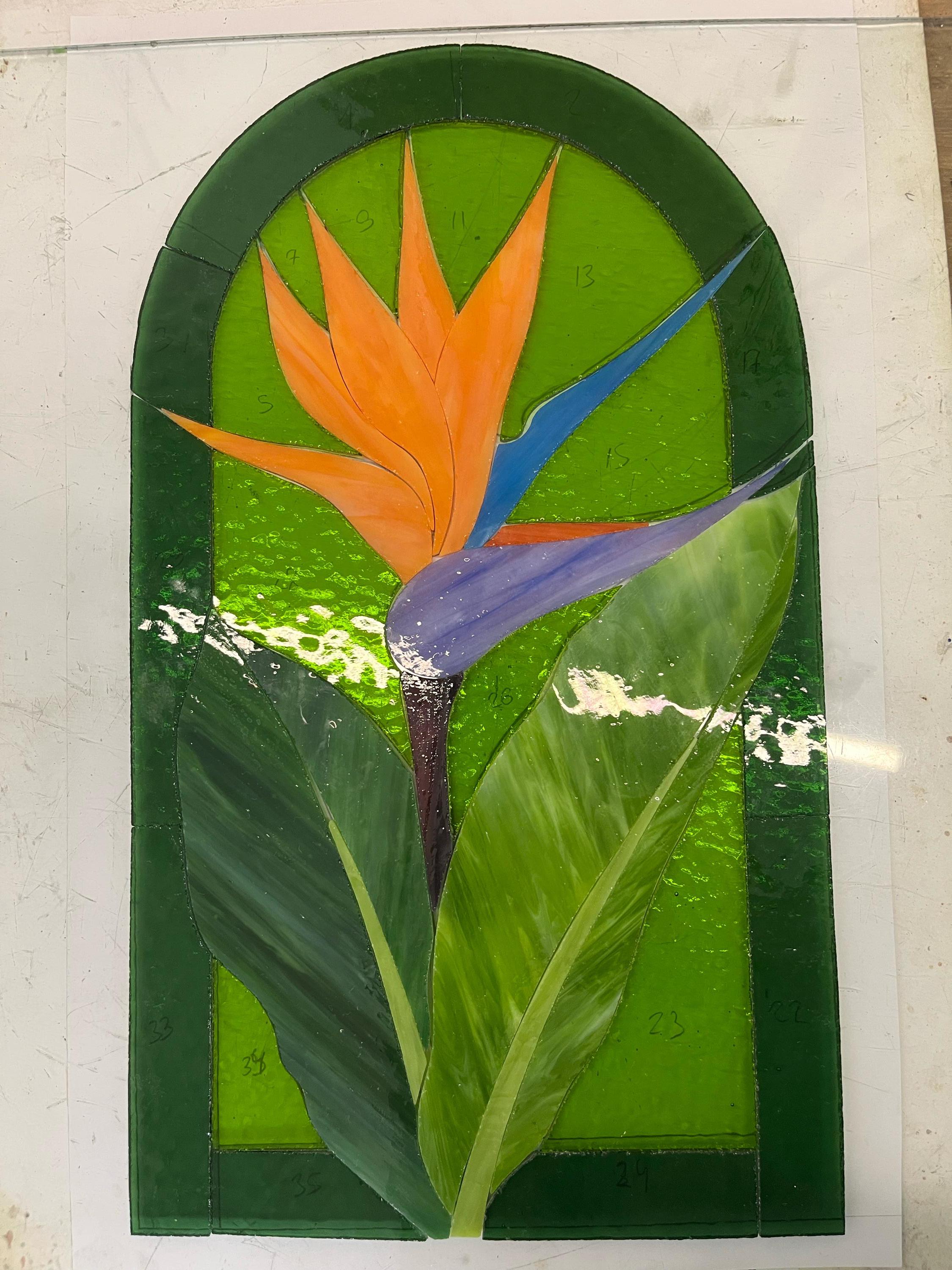 Bird of Paradise Stained Glass Panel, Tropical Floral Suncatcher, Botanical Window Art 14x6.5" Father's Day gift